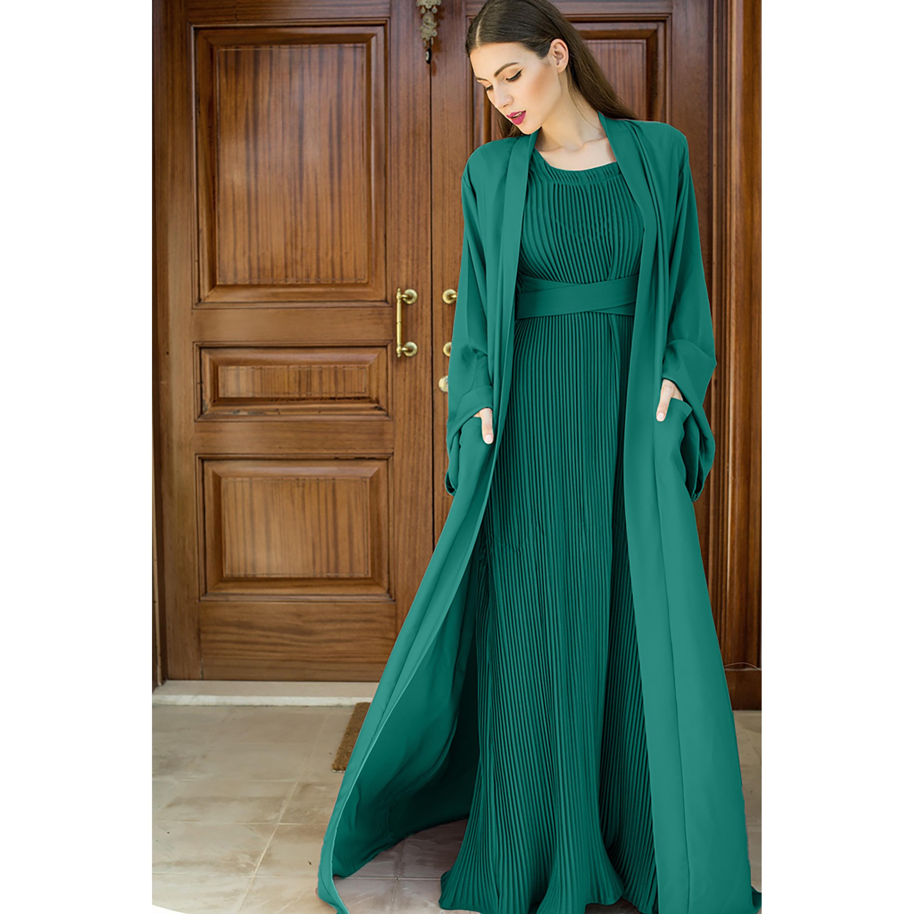 Nukhbaa 3-Piece Flared Sleeves Open Front Crepe Nida Women's Abaya and Pleated Inner with Hijab-women-arabicclothing-abayas-image-2