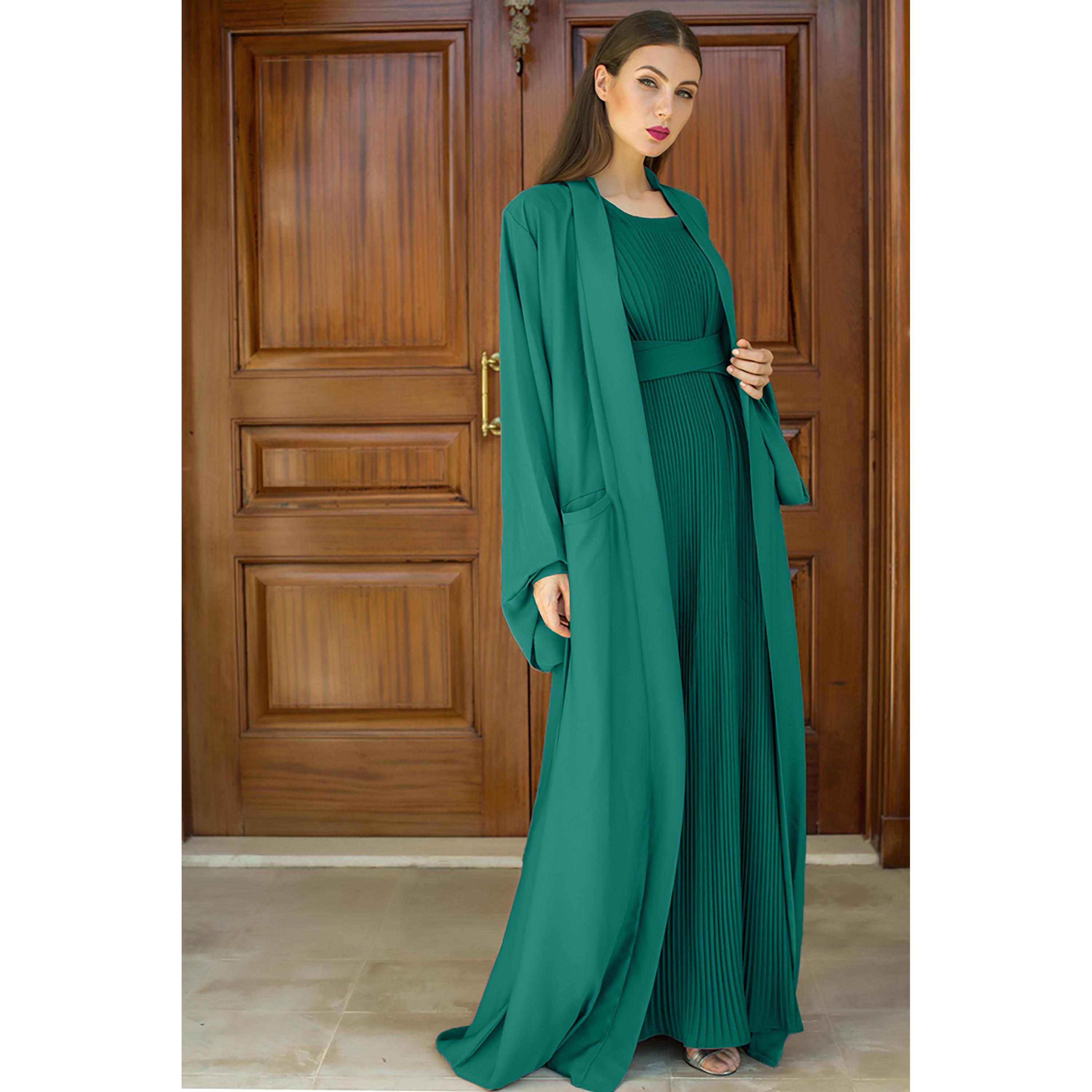 Nukhbaa 3-Piece Flared Sleeves Open Front Crepe Nida Women's Abaya and Pleated Inner with Hijab-women-arabicclothing-abayas-image-3
