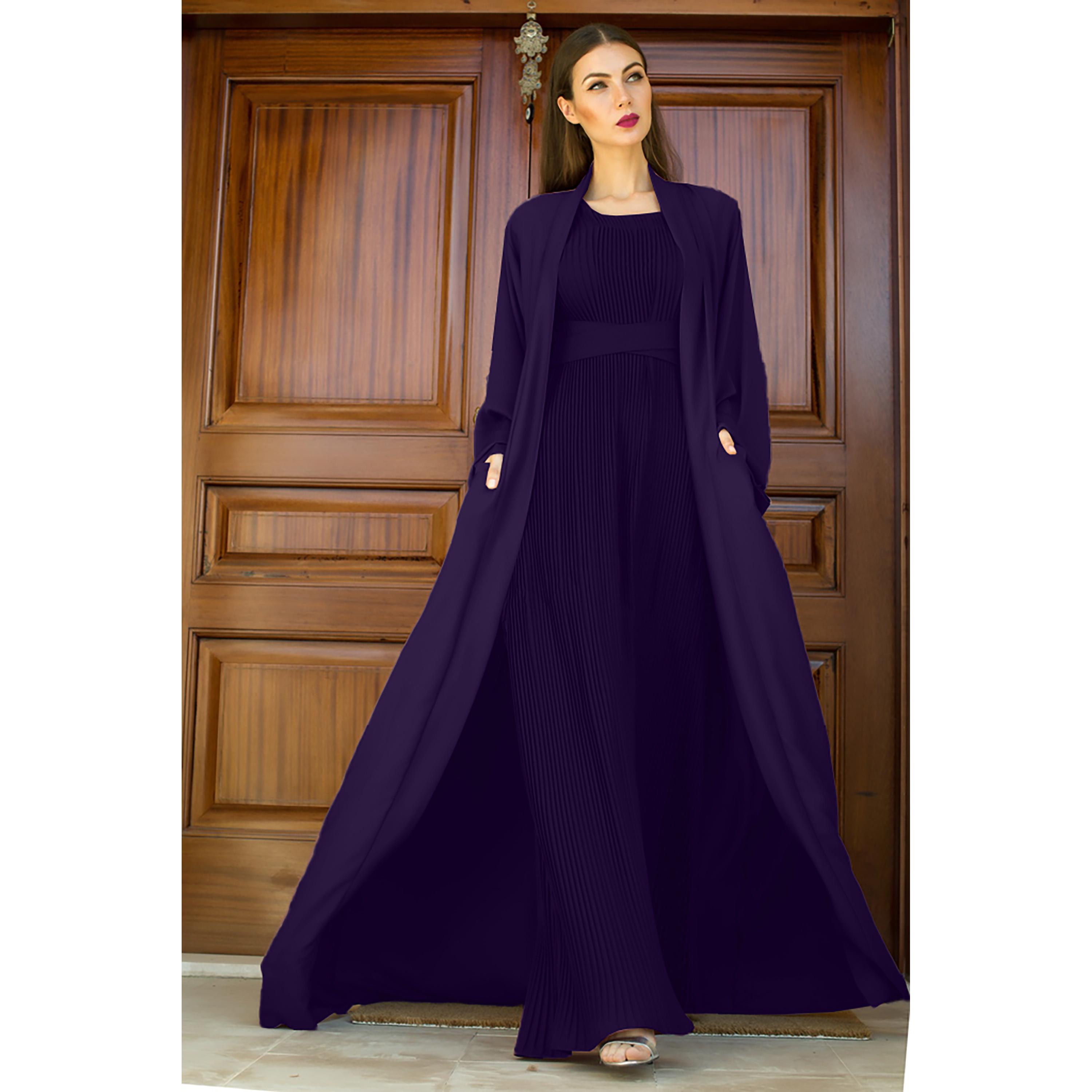 Nukhbaa 3-Piece Flared Sleeves Open Front Crepe Nida Women's Abaya and Pleated Inner with Hijab-women-arabicclothing-abayas-image-1