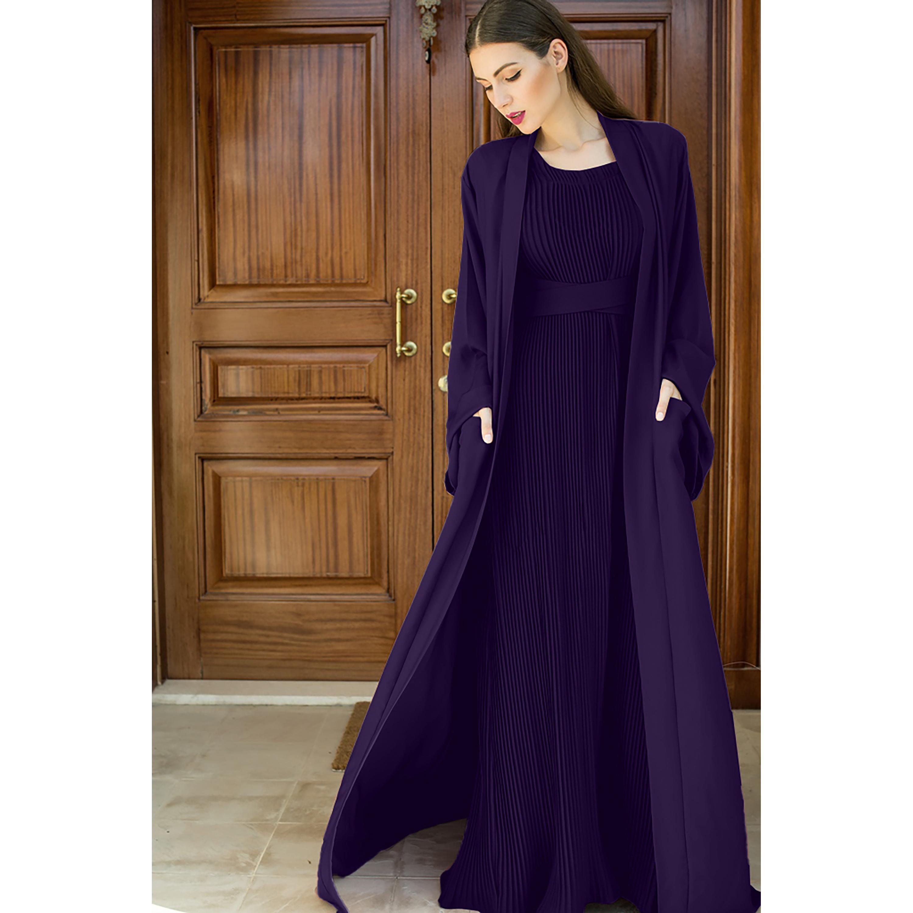 Nukhbaa 3-Piece Flared Sleeves Open Front Crepe Nida Women's Abaya and Pleated Inner with Hijab-women-arabicclothing-abayas-image-2