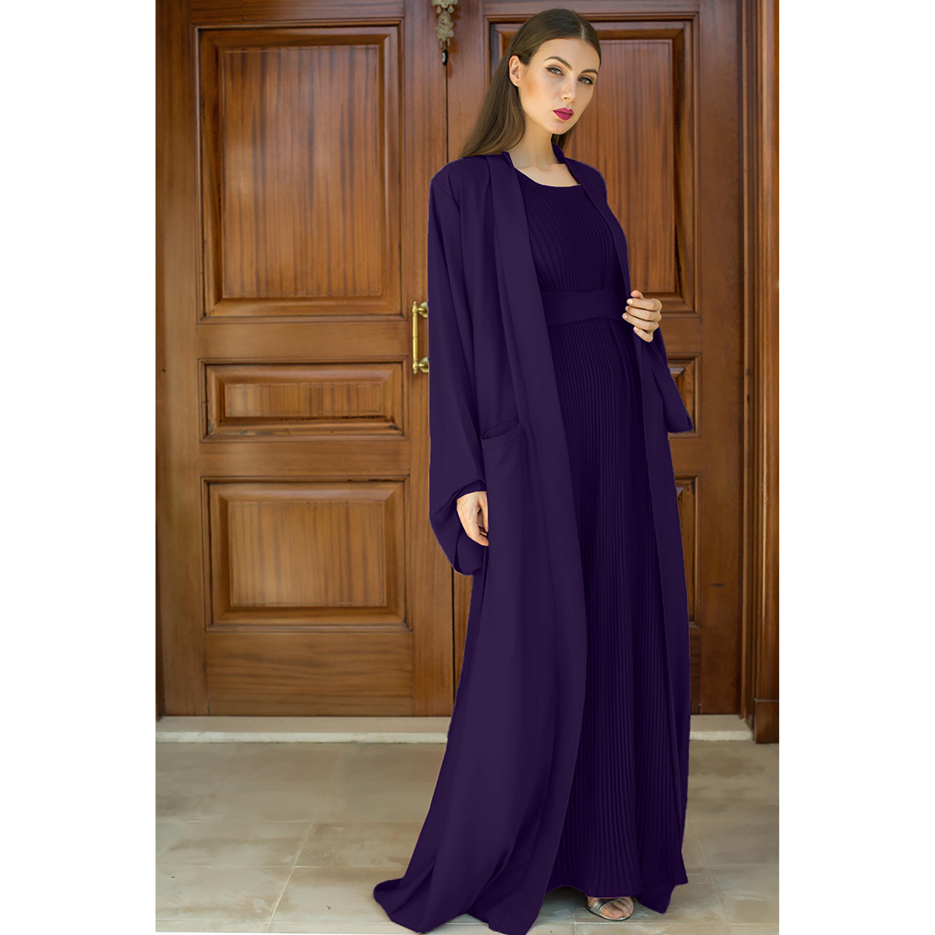 Nukhbaa 3-Piece Flared Sleeves Open Front Crepe Nida Women's Abaya and Pleated Inner with Hijab-women-arabicclothing-abayas-image-3