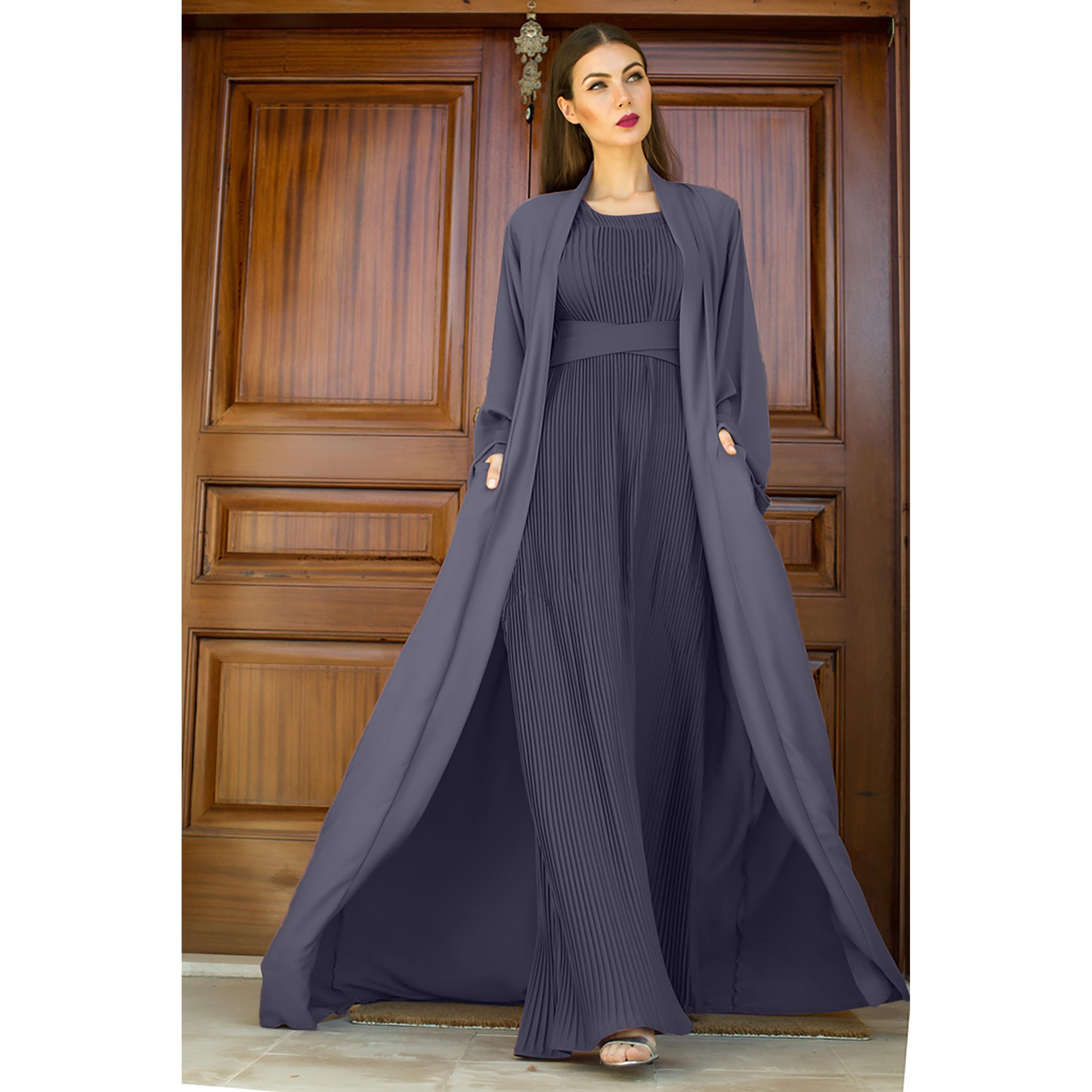 Nukhbaa 3-Piece Flared Sleeves Open Front Crepe Nida Women's Abaya and Pleated Inner with Hijab-women-arabicclothing-abayas-image-1