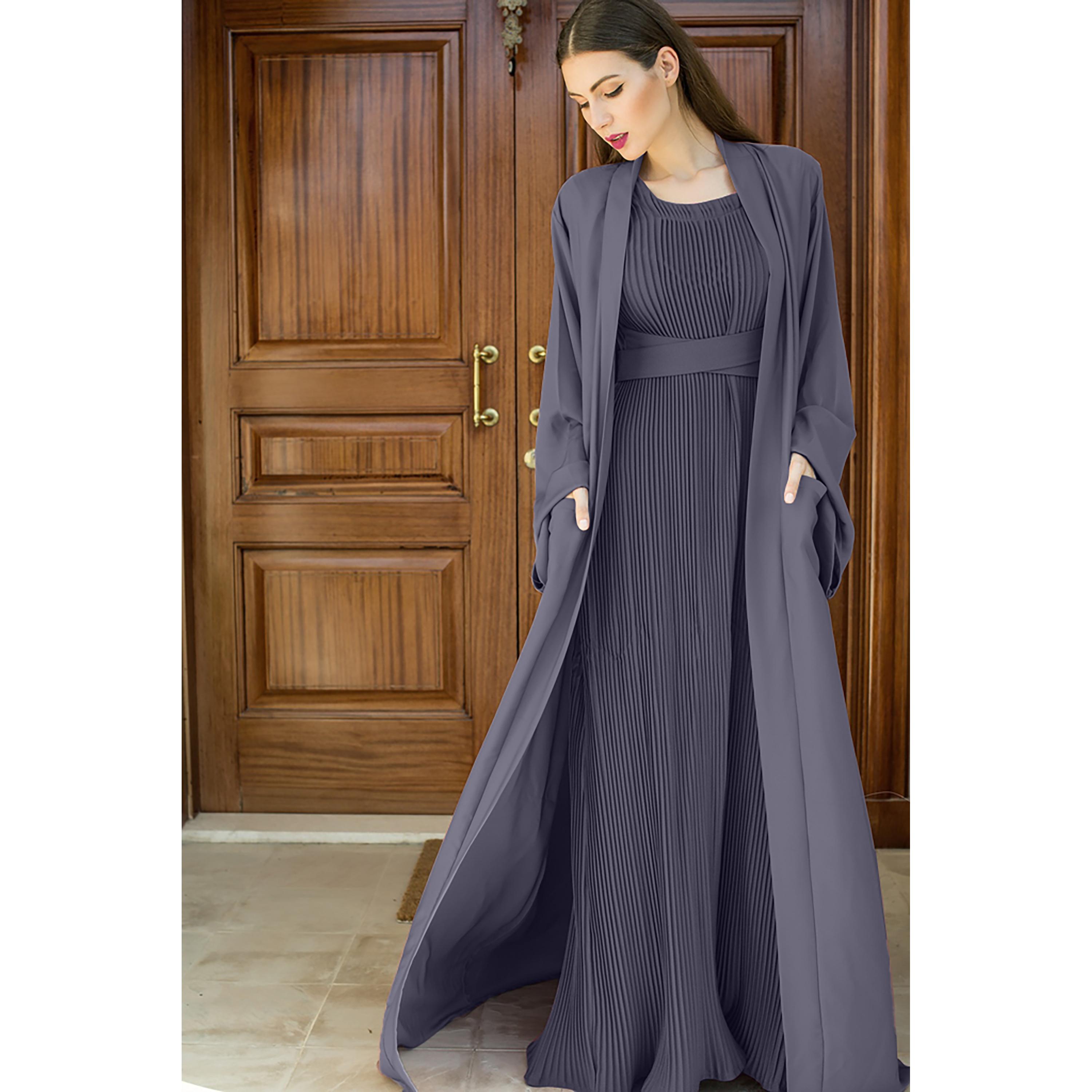 Nukhbaa 3-Piece Flared Sleeves Open Front Crepe Nida Women's Abaya and Pleated Inner with Hijab-women-arabicclothing-abayas-image-2