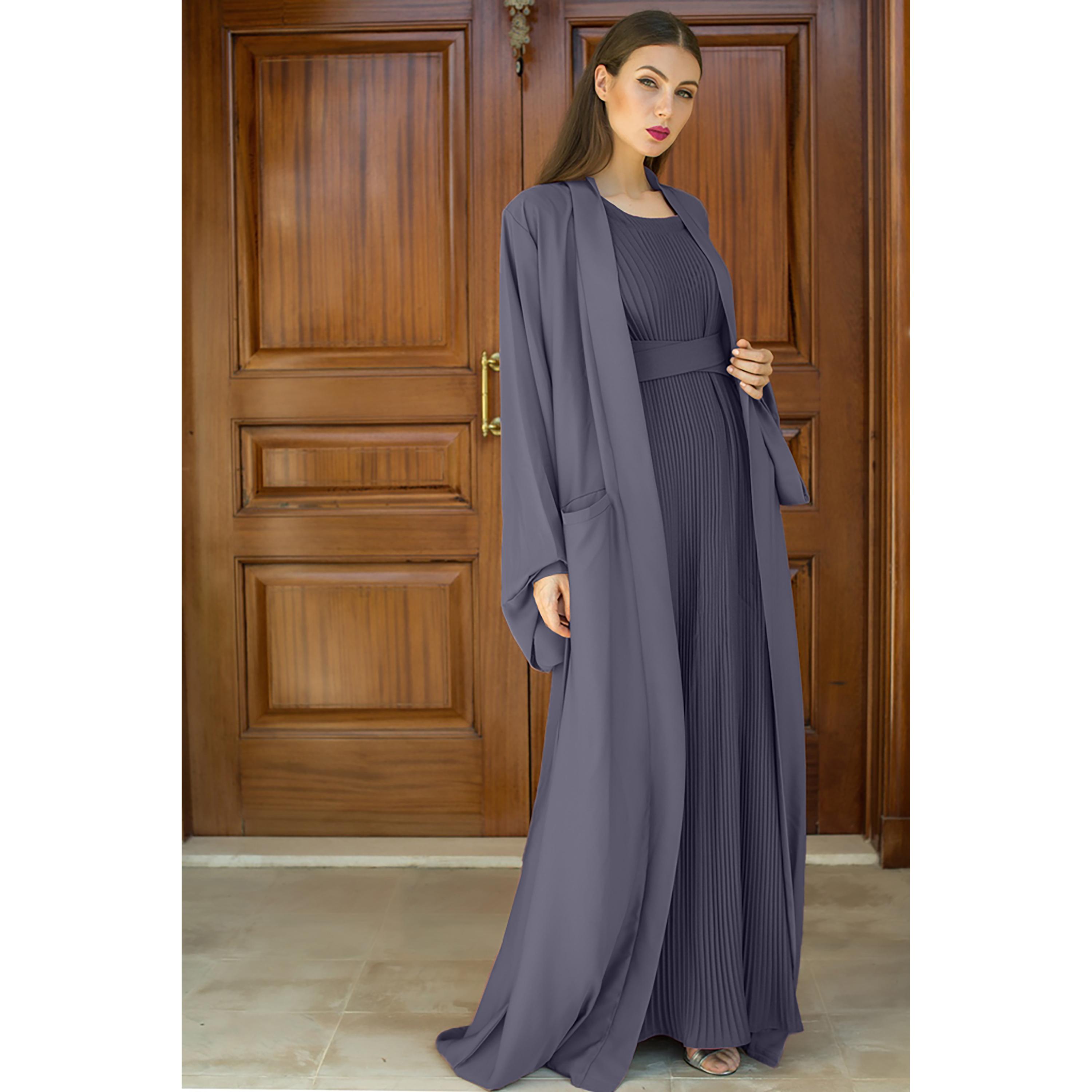 Nukhbaa 3-Piece Flared Sleeves Open Front Crepe Nida Women's Abaya and Pleated Inner with Hijab-women-arabicclothing-abayas-image-3