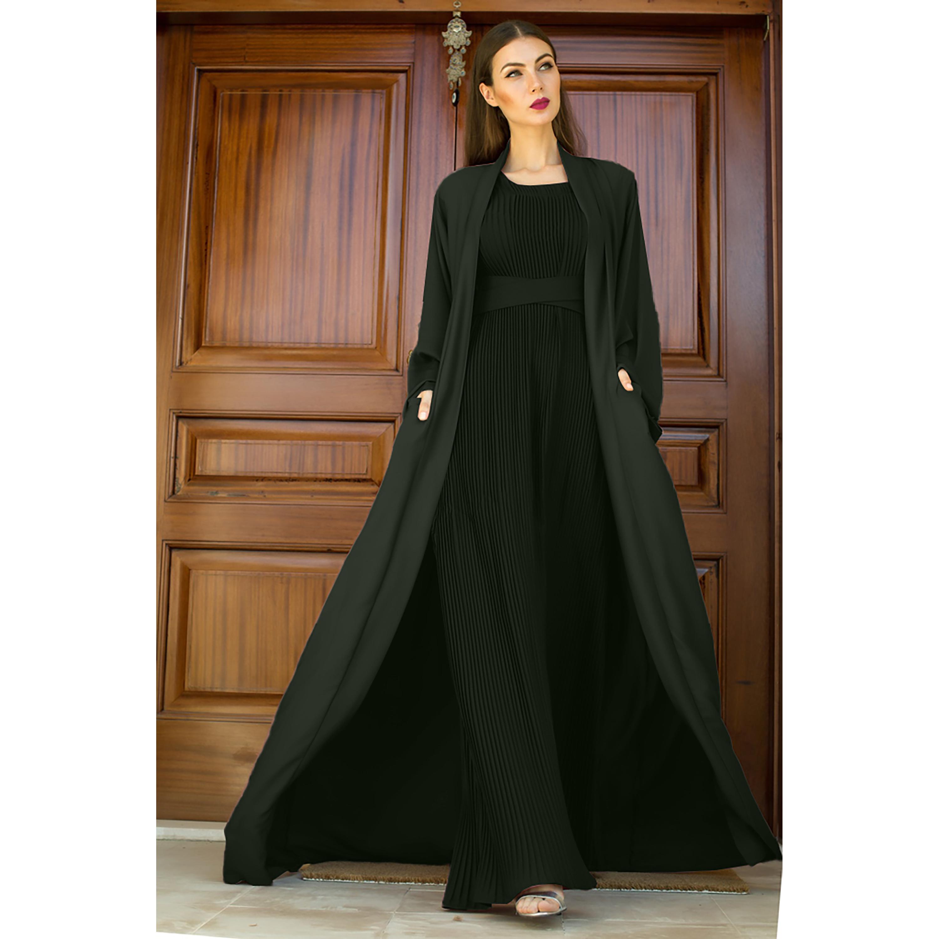 Nukhbaa 3-Piece Flared Sleeves Open Front Crepe Nida Women's Abaya and Pleated Inner with Hijab-women-arabicclothing-abayas-image-1