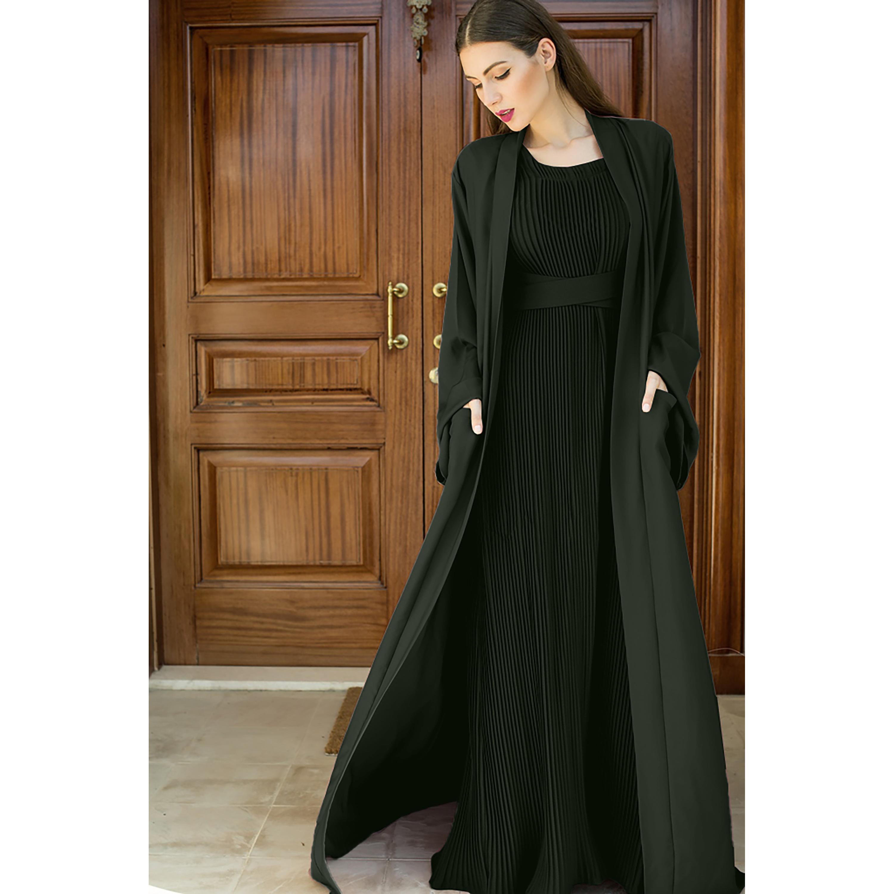 Nukhbaa 3-Piece Flared Sleeves Open Front Crepe Nida Women's Abaya and Pleated Inner with Hijab-women-arabicclothing-abayas-image-2