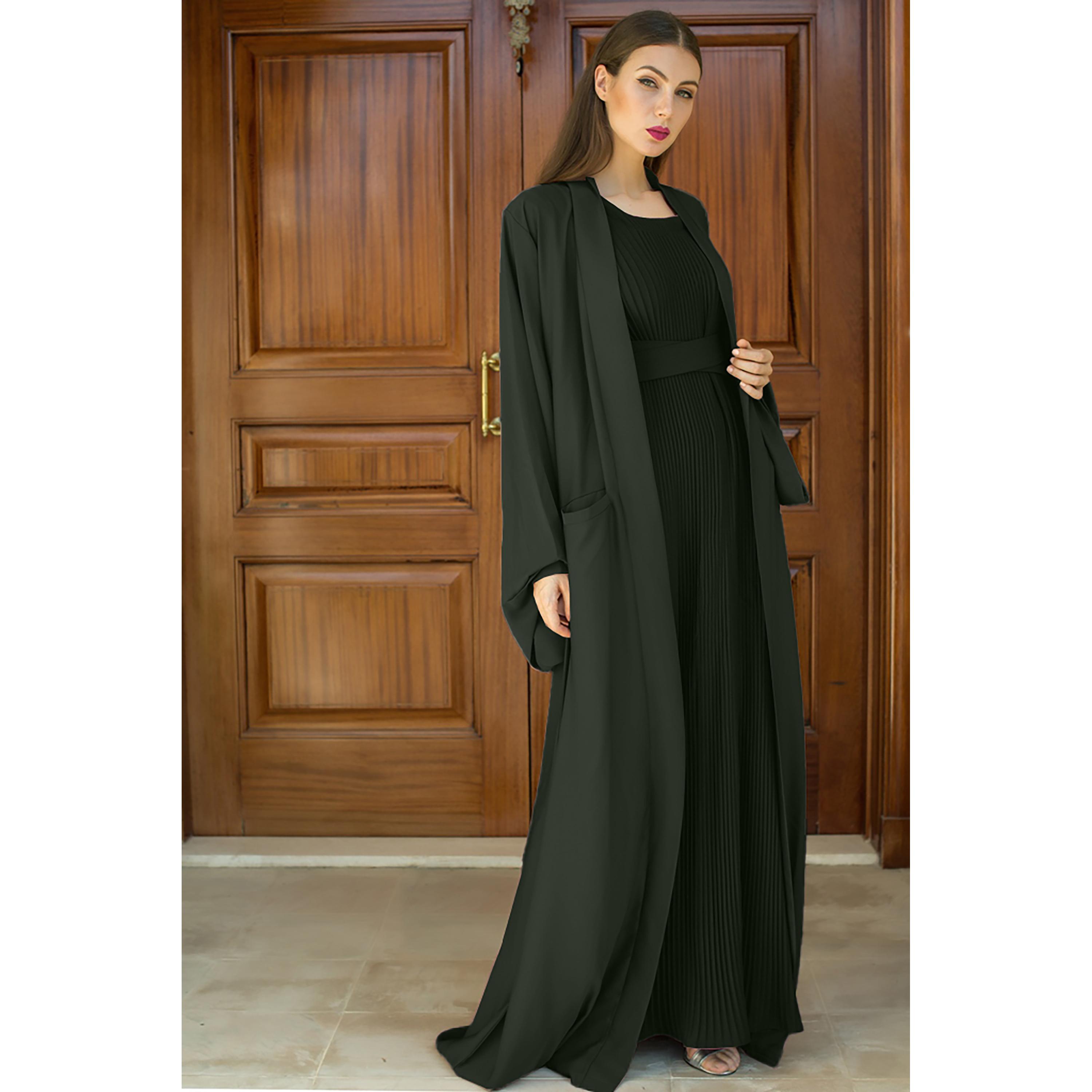 Nukhbaa 3-Piece Flared Sleeves Open Front Crepe Nida Women's Abaya and Pleated Inner with Hijab-women-arabicclothing-abayas-image-3
