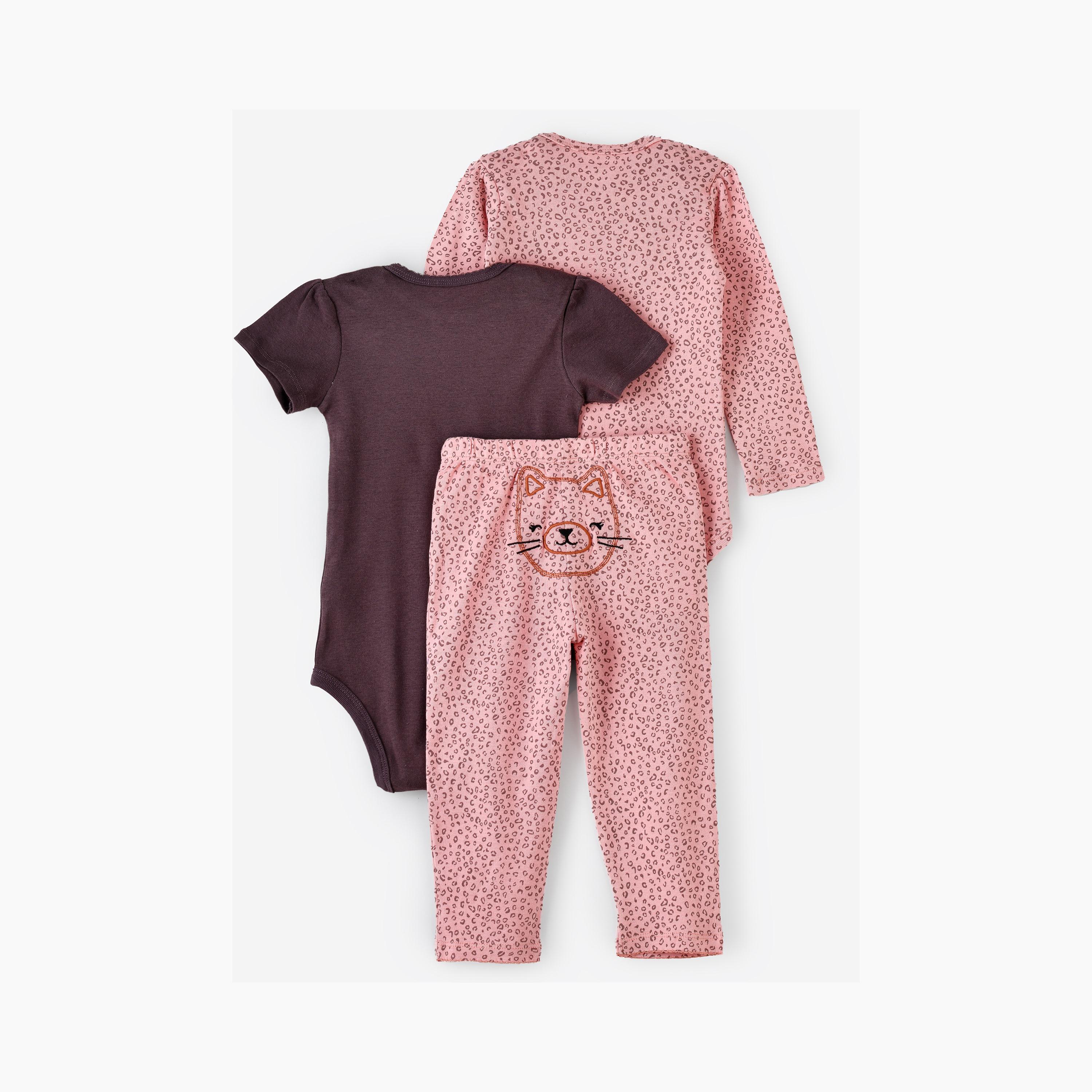 Babyqlo 2-Piece Happy Kitty Printed Bodysuits with Leggings-baby-girls-clothing-bodysuits-image-3