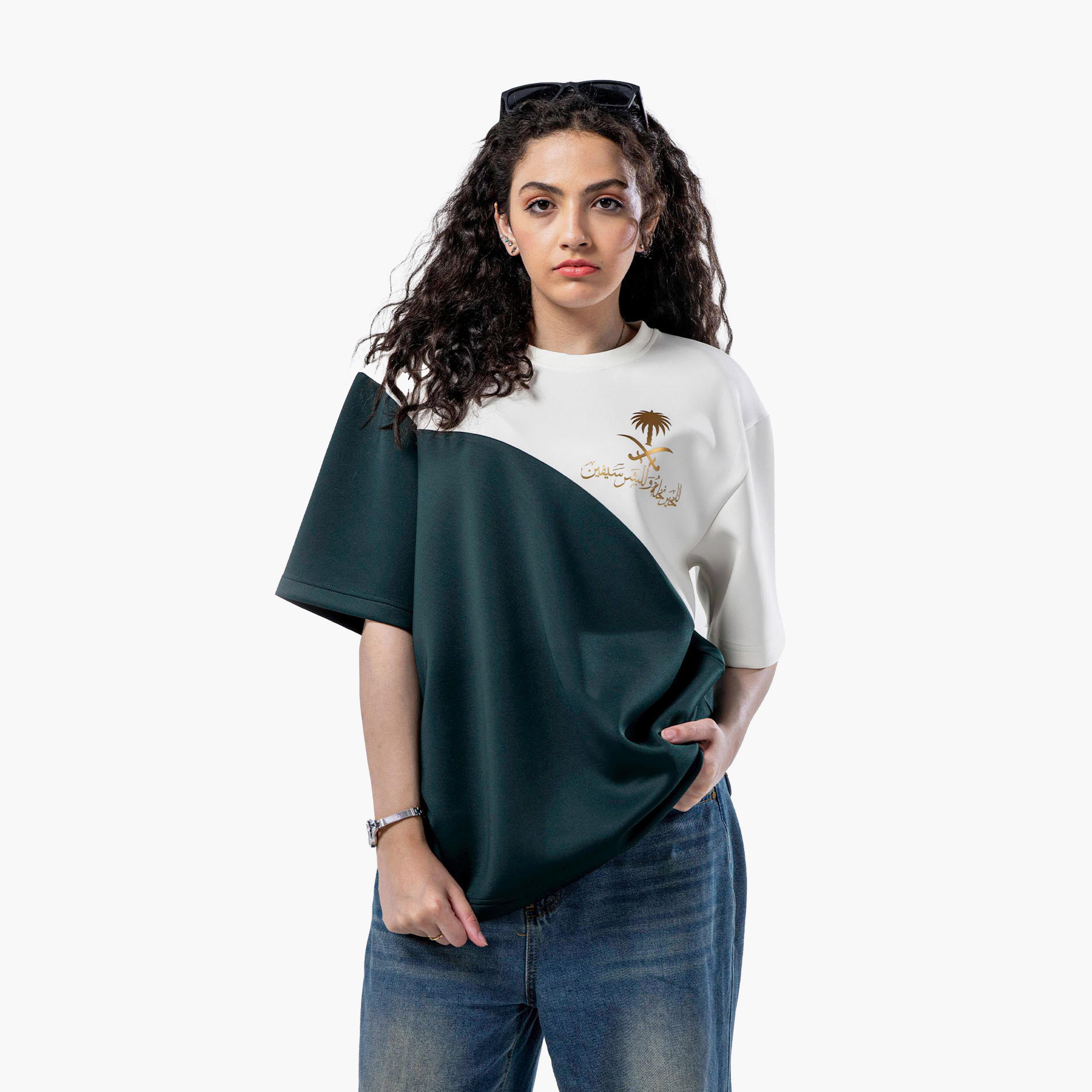sanefn White and Green KSA National Day Color-Blocked Women's T-Shirt-women-clothing-tshirts-image-1