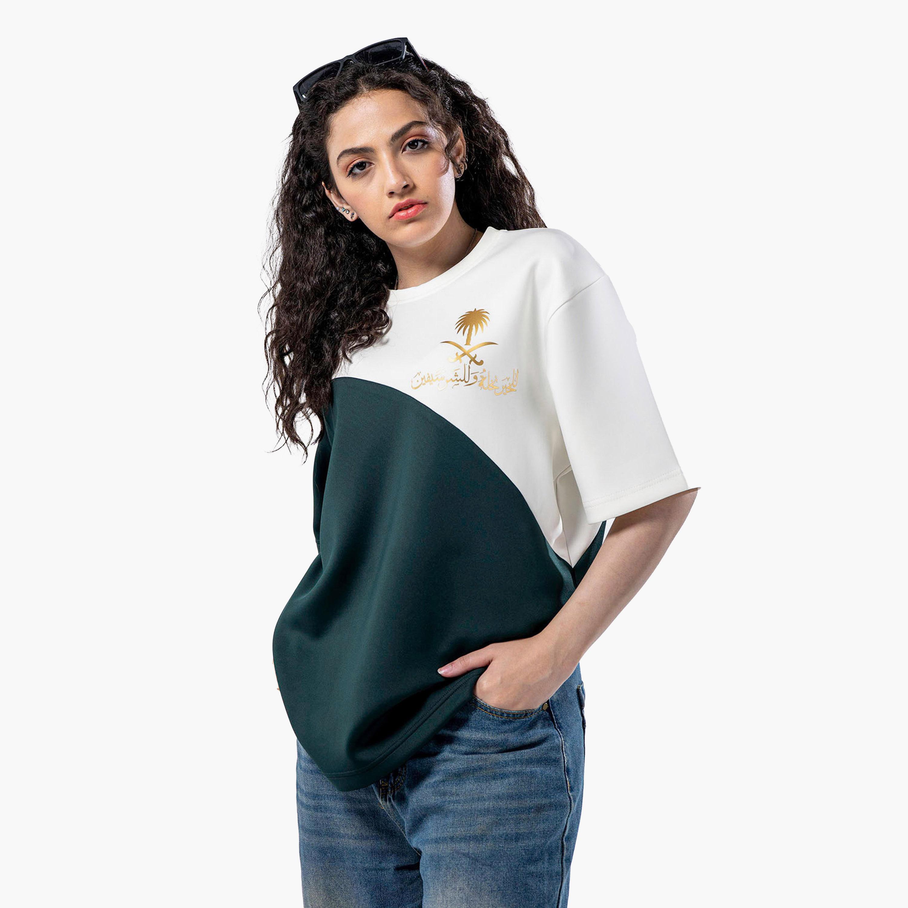 sanefn White and Green KSA National Day Color-Blocked Women's T-Shirt-women-clothing-tshirts-image-2