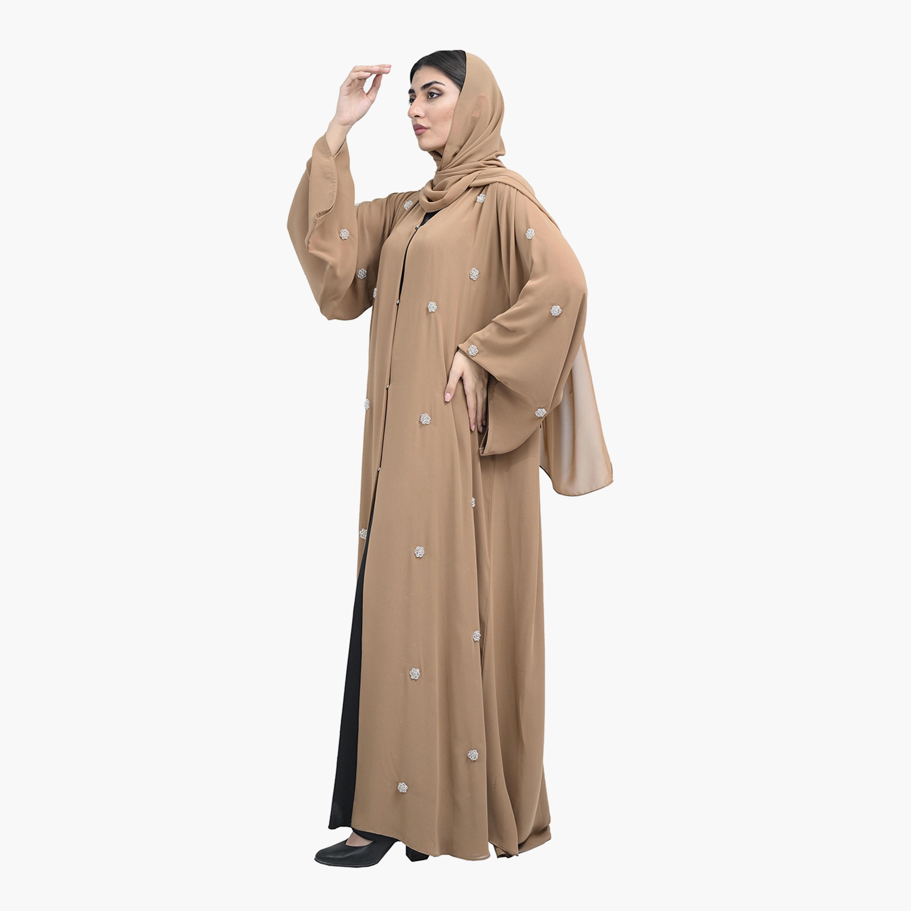 Nukhbaa Dark Beige Beaded Work Flared Sleeves Crape Nida Party Double Chiffon Abaya with Hijab-women-arabicclothing-abayas-image-1