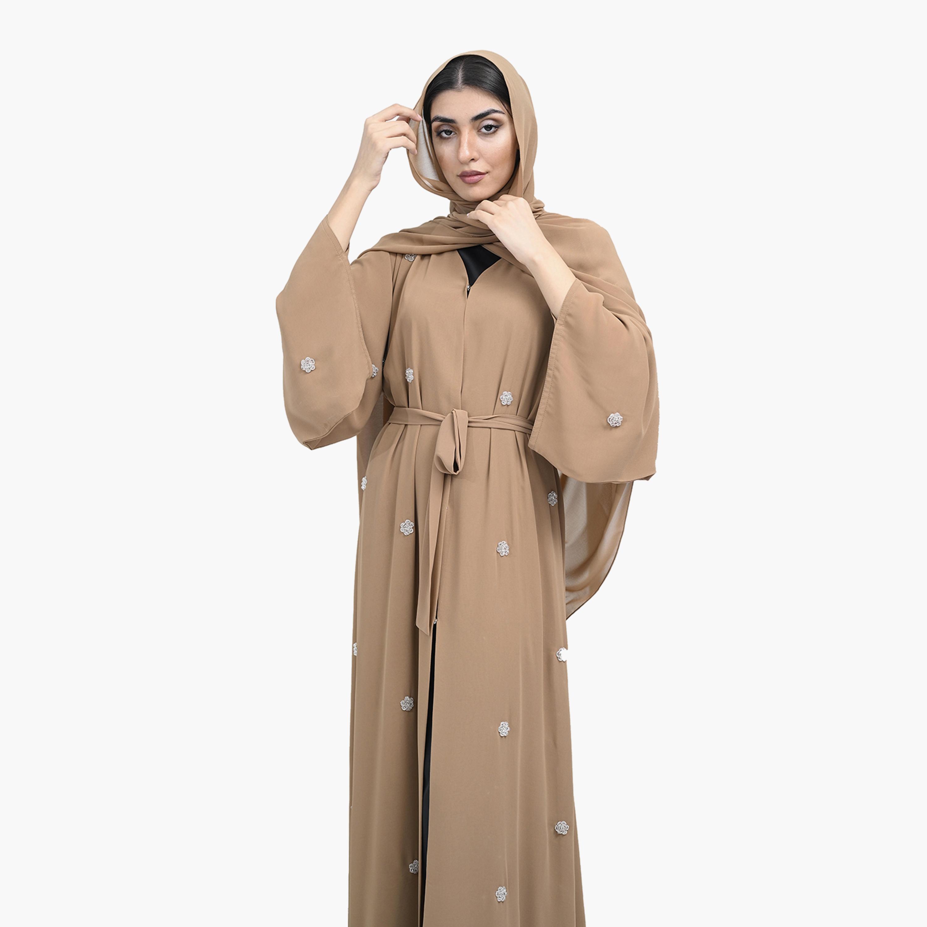 Nukhbaa Dark Beige Beaded Work Flared Sleeves Crape Nida Party Double Chiffon Abaya with Hijab-women-arabicclothing-abayas-image-2