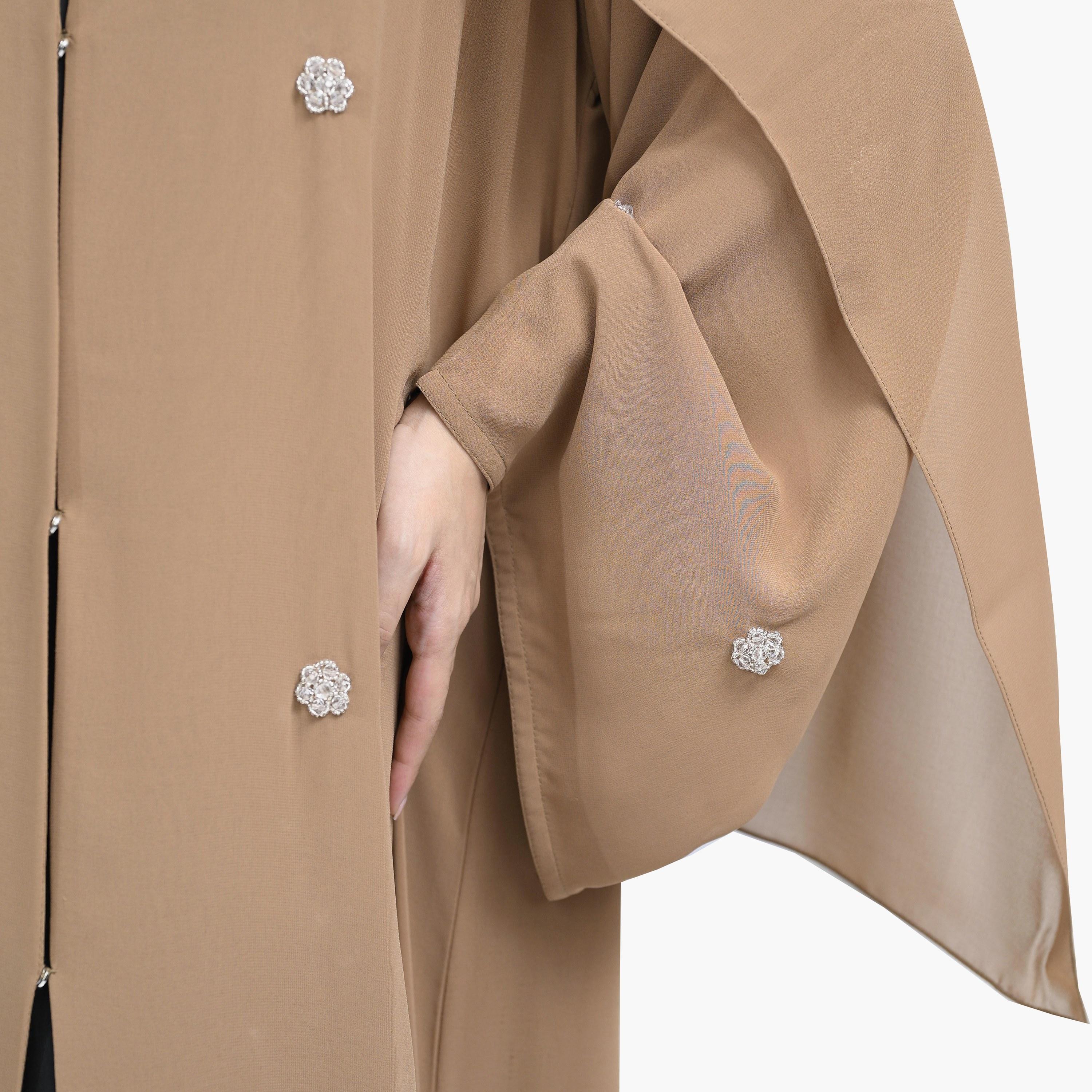 Nukhbaa Dark Beige Beaded Work Flared Sleeves Crape Nida Party Double Chiffon Abaya with Hijab-women-arabicclothing-abayas-image-3