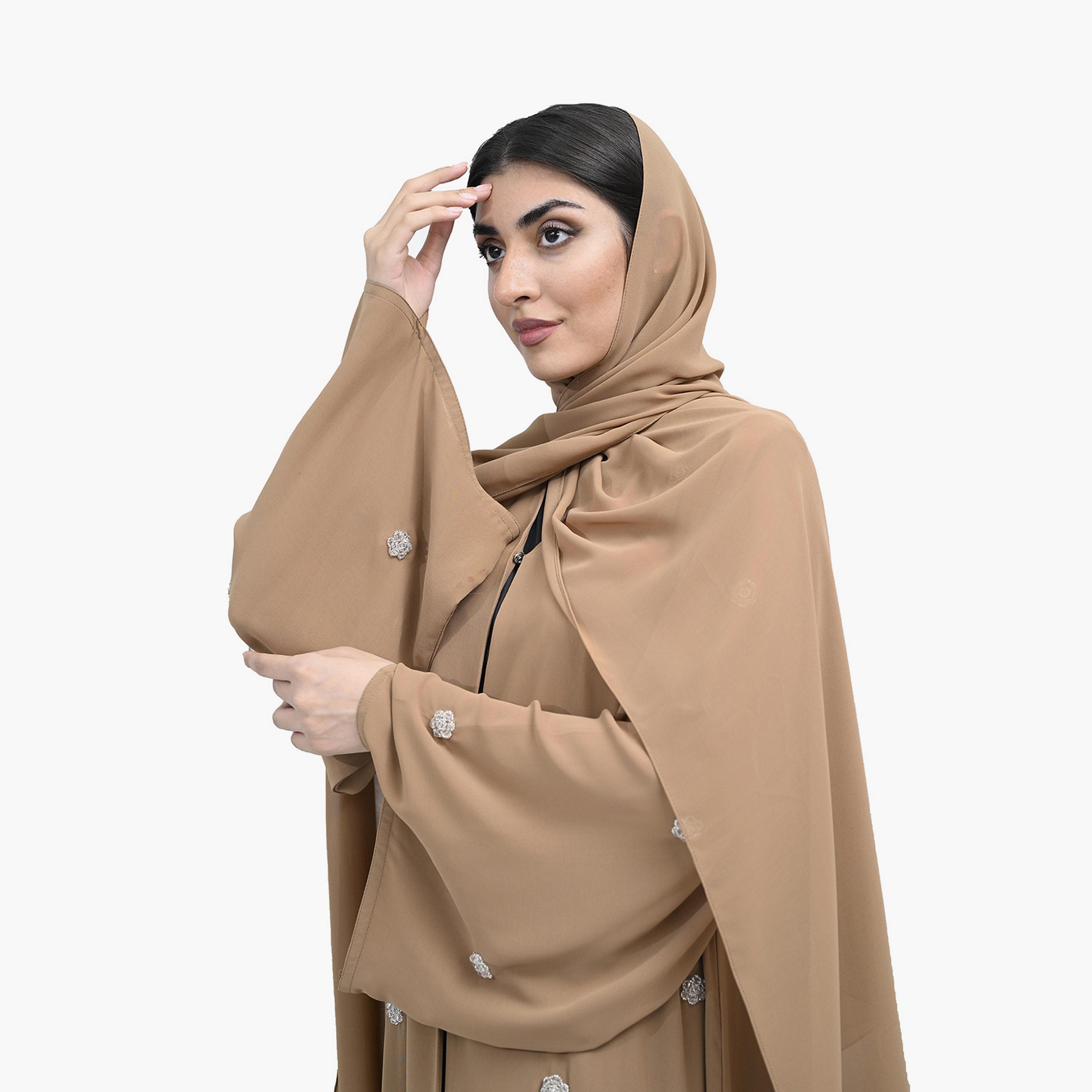 Nukhbaa Dark Beige Beaded Work Flared Sleeves Crape Nida Party Double Chiffon Abaya with Hijab-women-arabicclothing-abayas-image-4