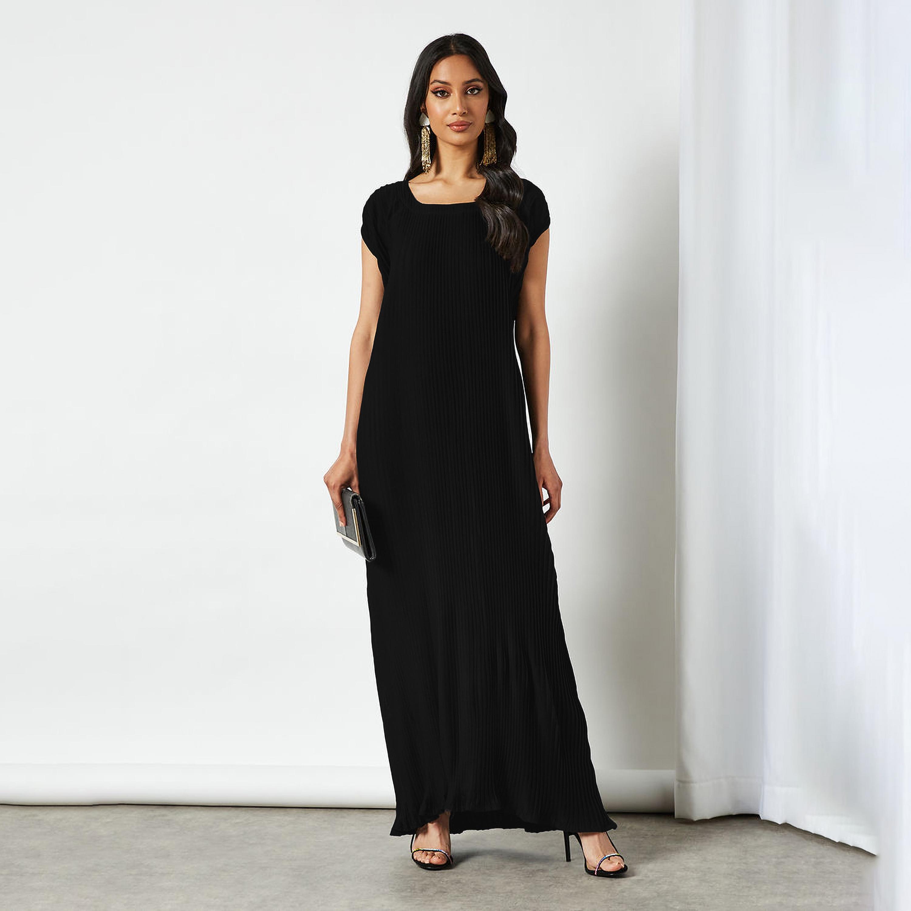 Nukhbaa Pleated Cap Sleeves Crepe Nida Women's Abaya Inner Dress-women-arabicclothing-abayainner-image-1