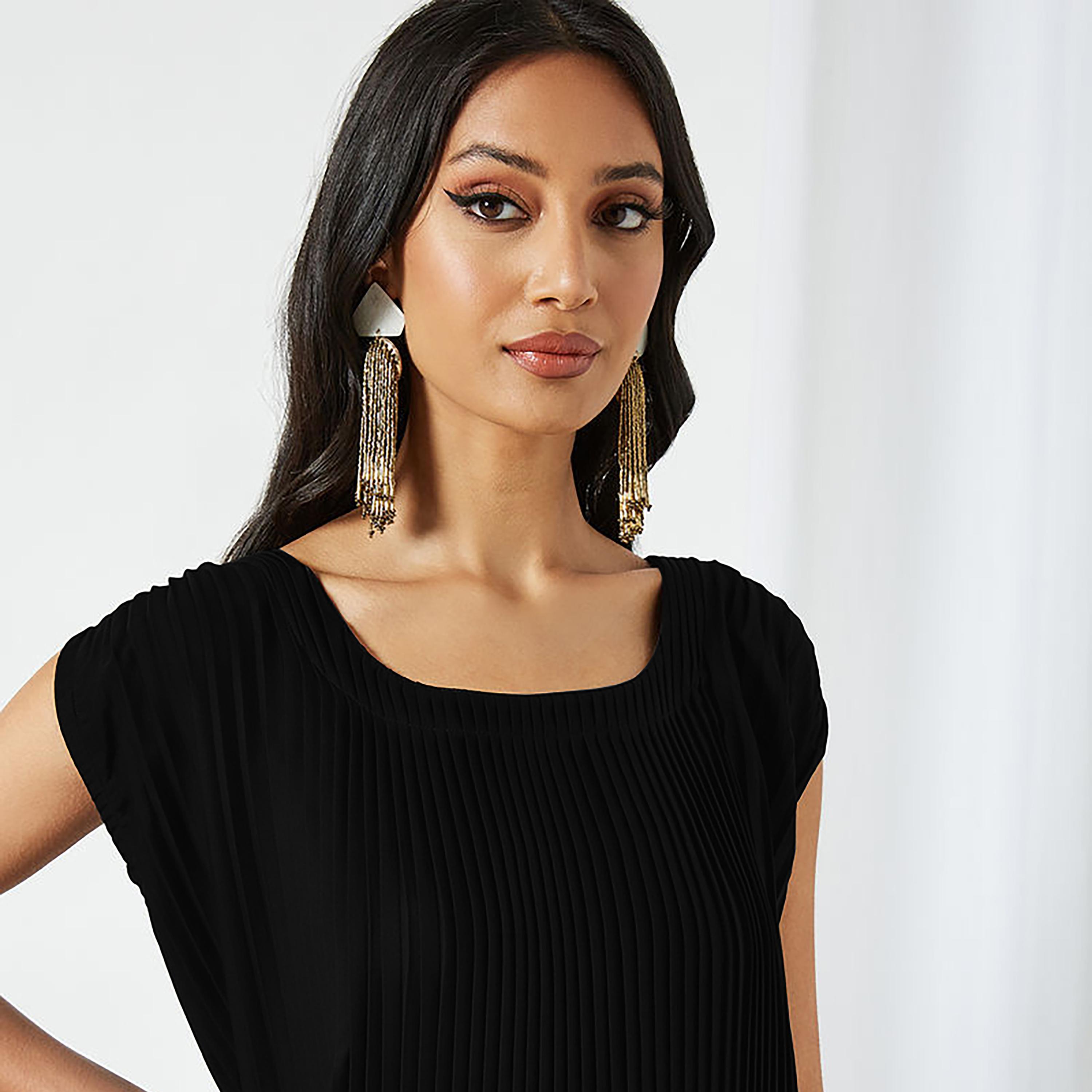 Nukhbaa Pleated Cap Sleeves Crepe Nida Women's Abaya Inner Dress-women-arabicclothing-abayainner-image-2