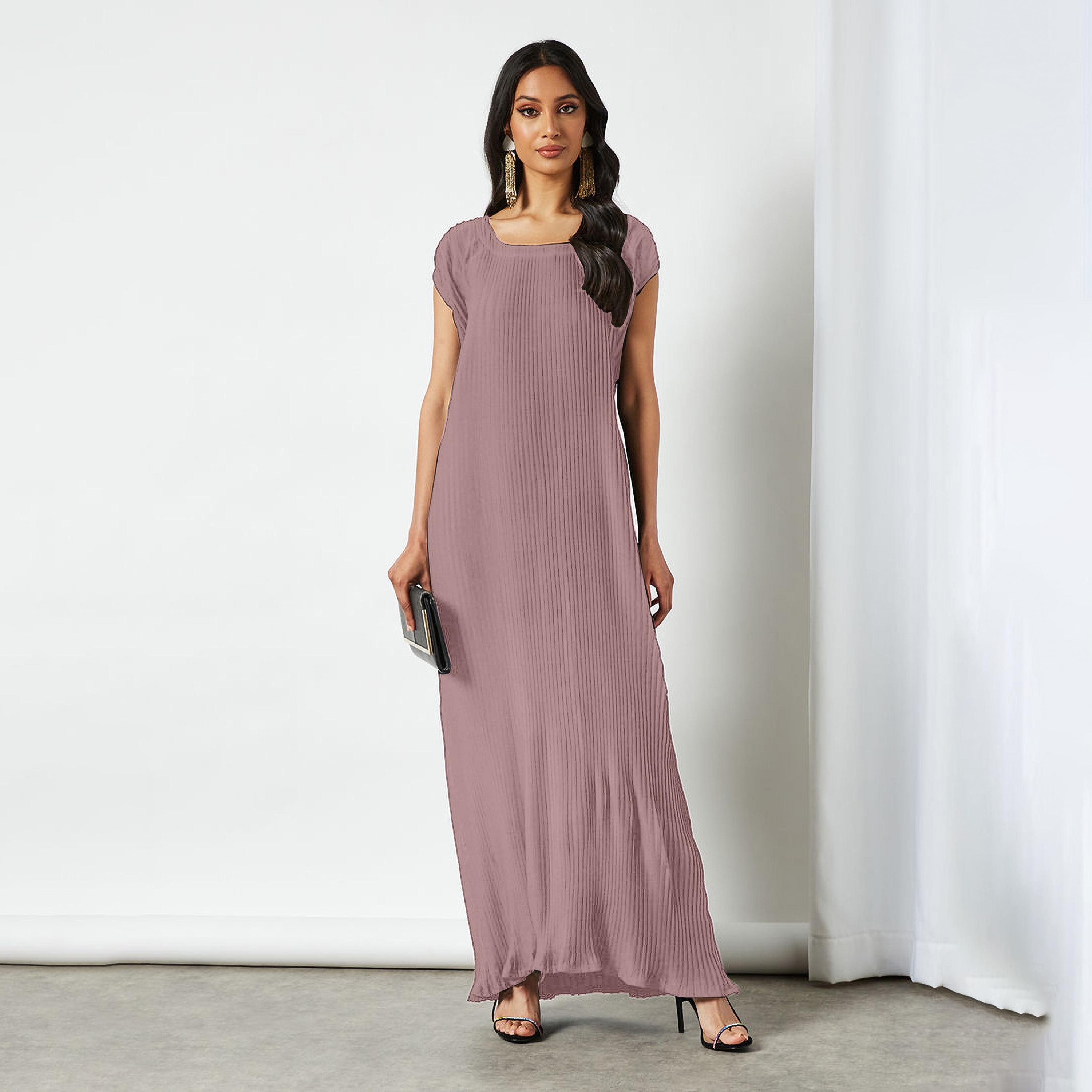 Nukhbaa Pleated Cap Sleeves Crepe Nida Women's Abaya Inner Dress-women-arabicclothing-abayainner-image-1