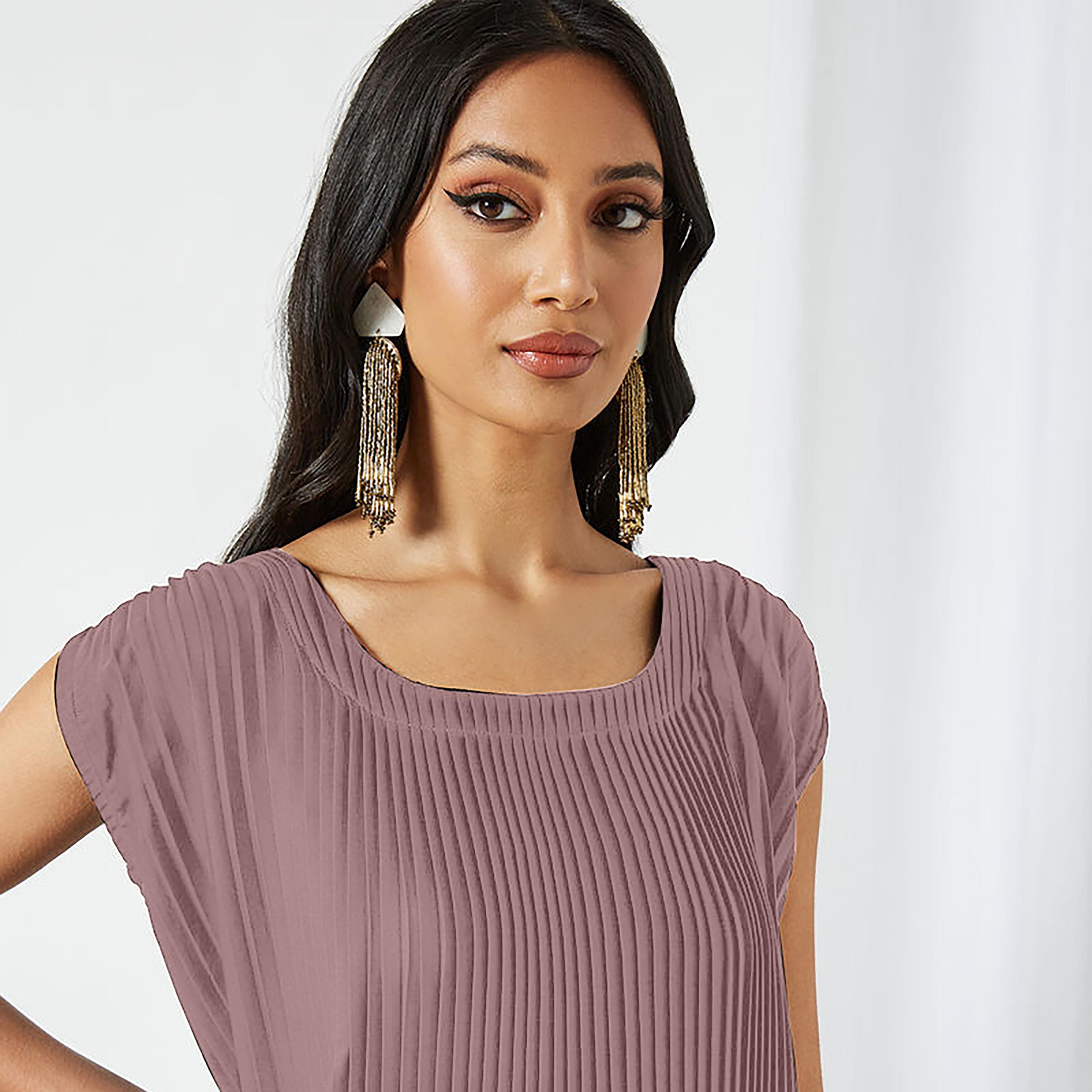 Nukhbaa Pleated Cap Sleeves Crepe Nida Women's Abaya Inner Dress-women-arabicclothing-abayainner-image-2