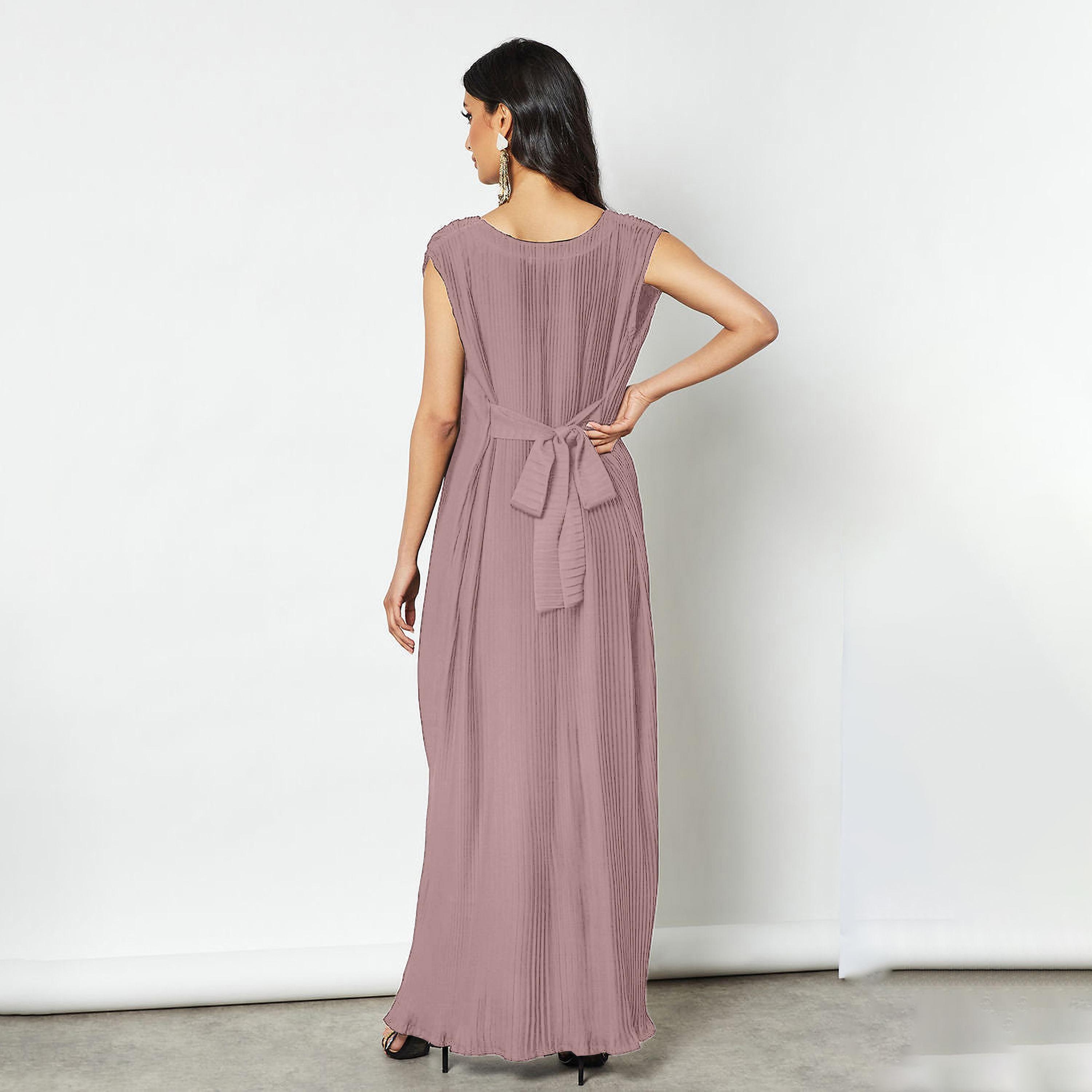 Nukhbaa Pleated Cap Sleeves Crepe Nida Women's Abaya Inner Dress-women-arabicclothing-abayainner-image-3