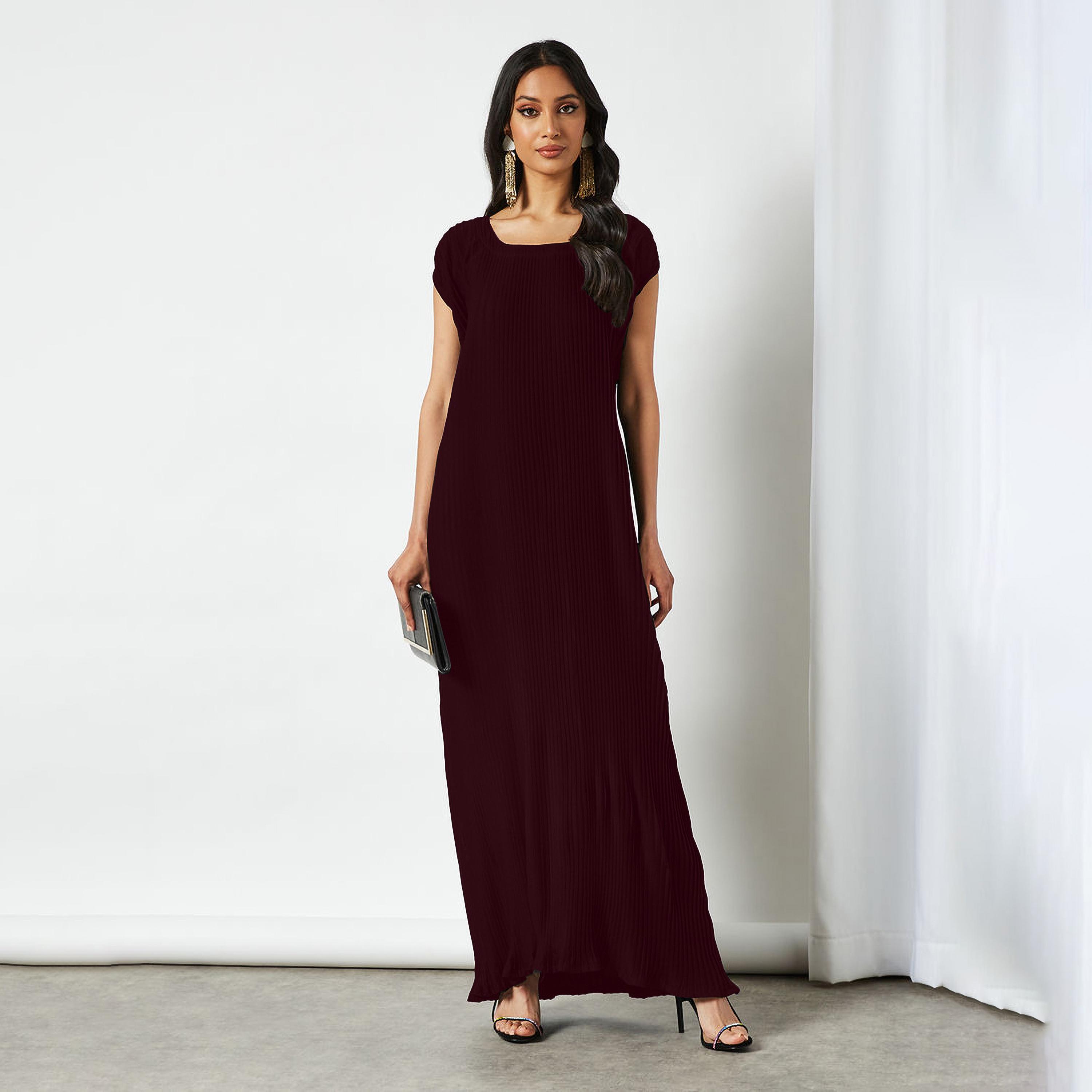 Nukhbaa Pleated Cap Sleeves Crepe Nida Women's Abaya Inner Dress-women-arabicclothing-abayainner-image-1