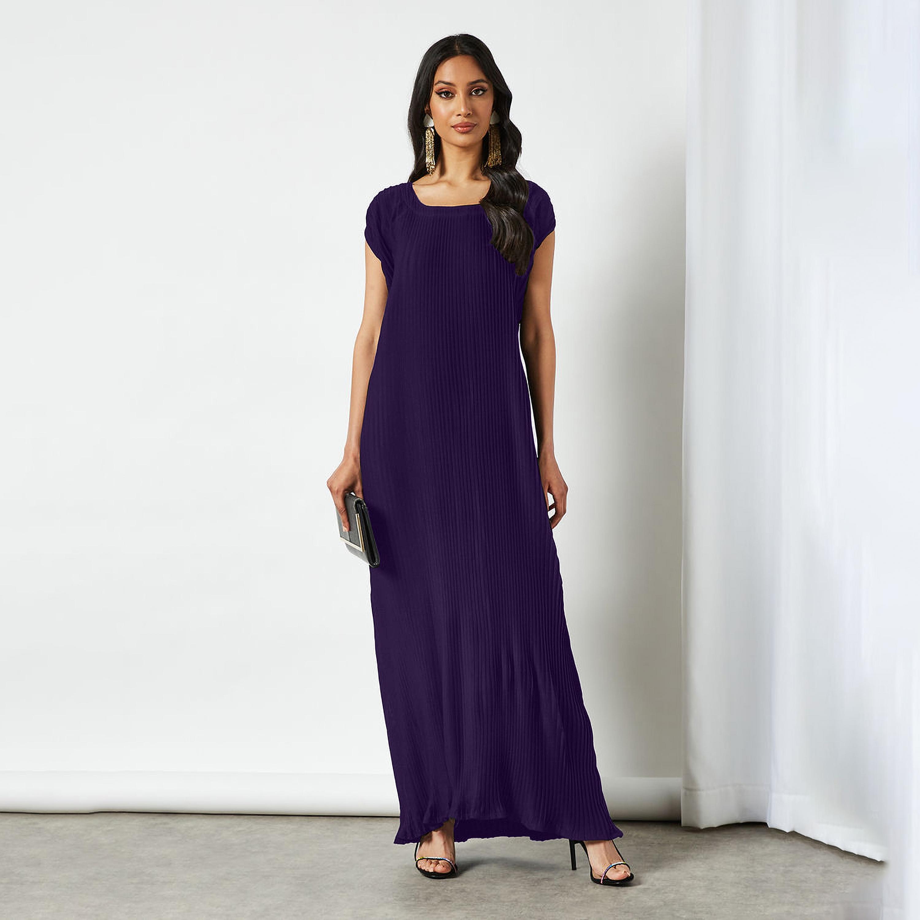 Nukhbaa Pleated Cap Sleeves Crepe Nida Women's Abaya Inner Dress-women-arabicclothing-abayainner-image-1