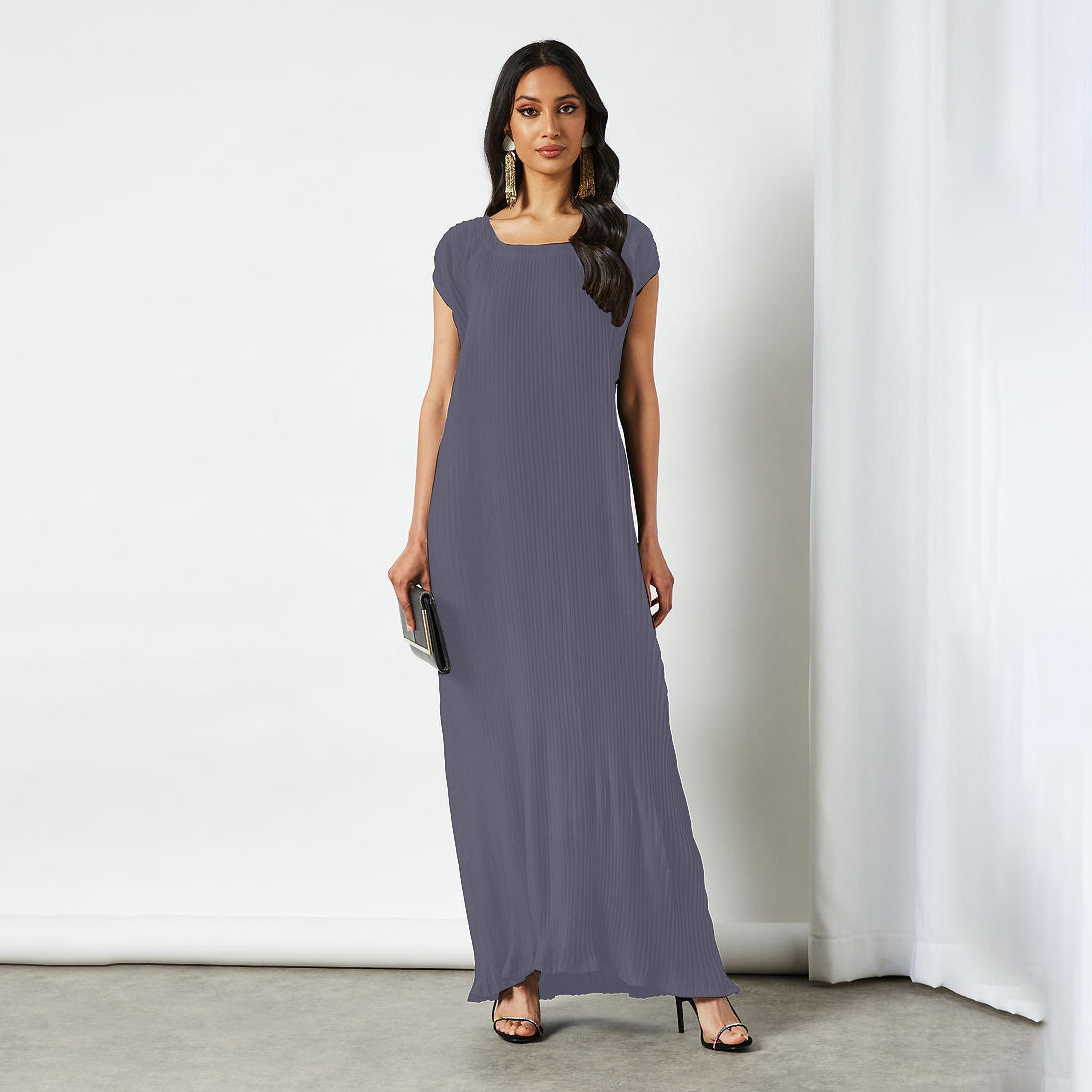 Nukhbaa Pleated Cap Sleeves Crepe Nida Women's Abaya Inner Dress-women-arabicclothing-abayainner-image-1