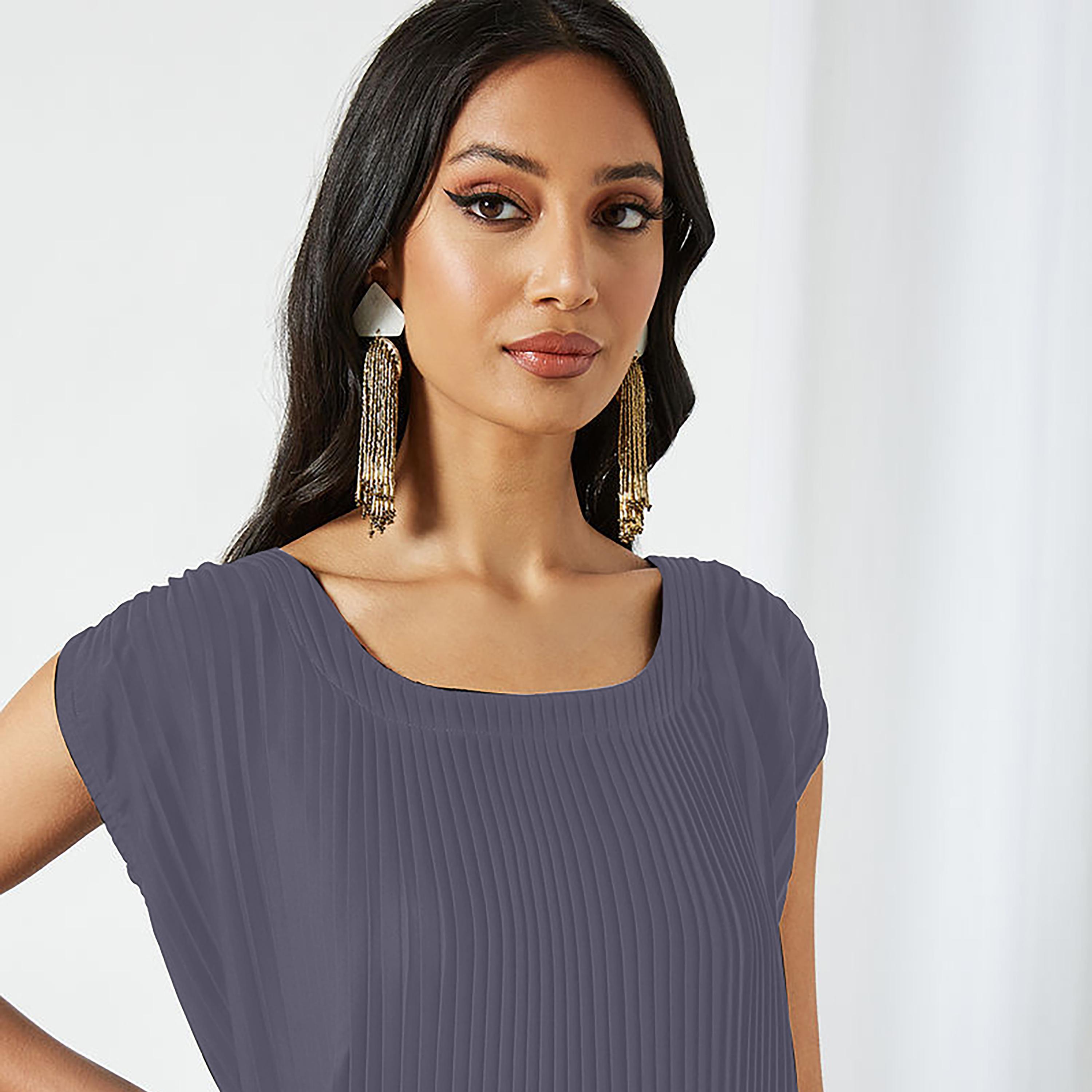 Nukhbaa Pleated Cap Sleeves Crepe Nida Women's Abaya Inner Dress-women-arabicclothing-abayainner-image-2