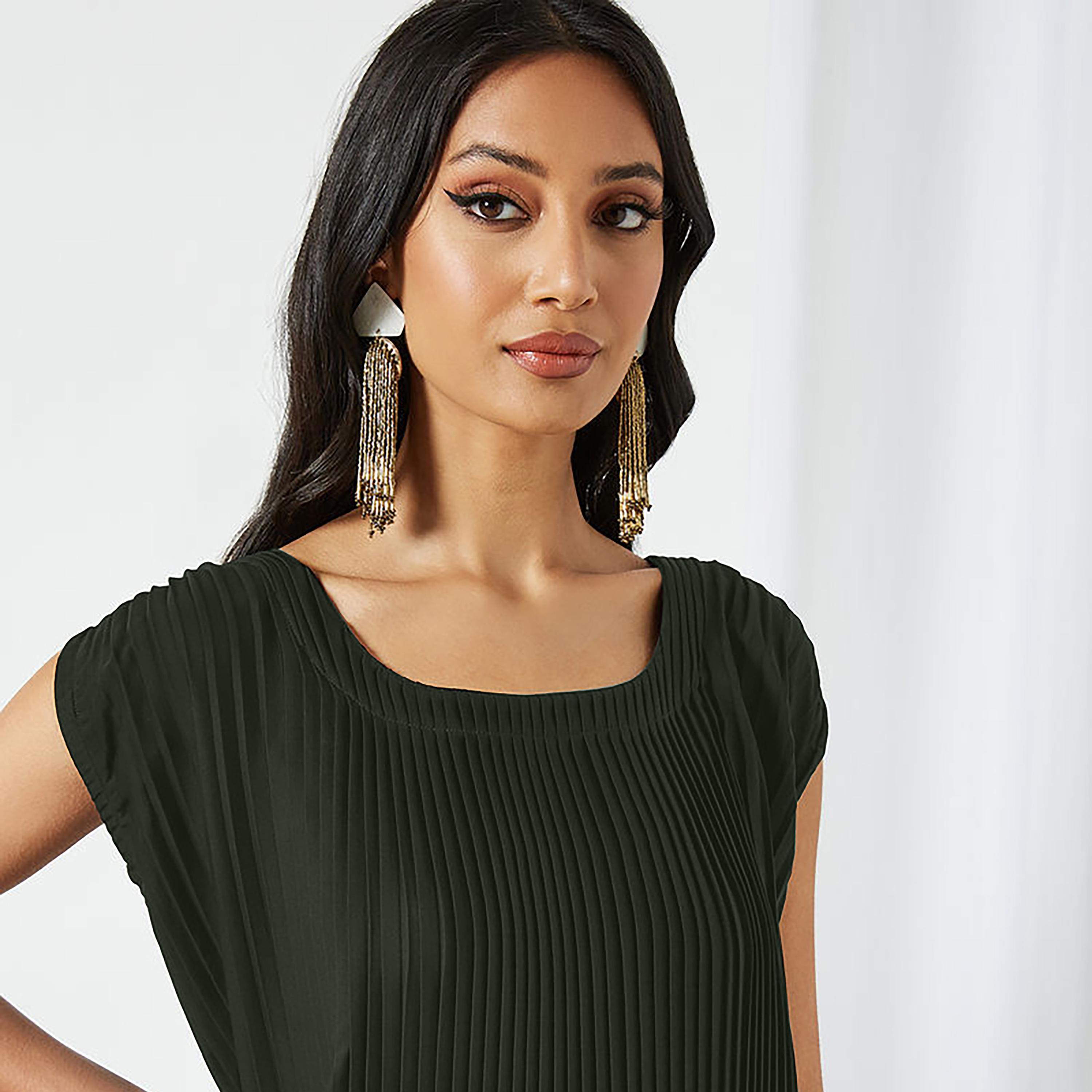 Nukhbaa Pleated Cap Sleeves Crepe Nida Women's Abaya Inner Dress-women-arabicclothing-abayainner-image-2