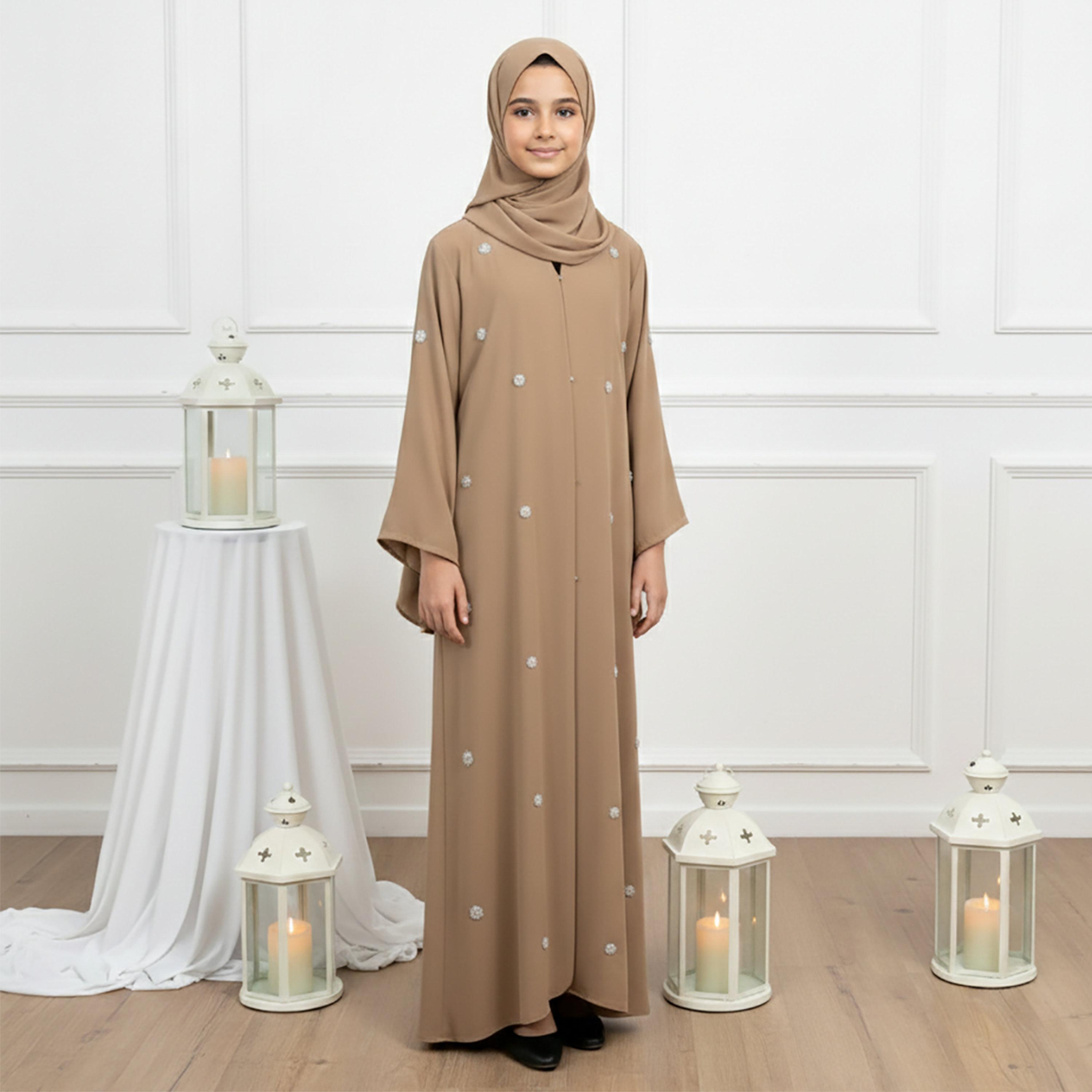 Nukhbaa Brown Beaded Wide Sleeves Chiffon Girls Abaya with Hijab-girls-arabicclothing-abayas-image-1