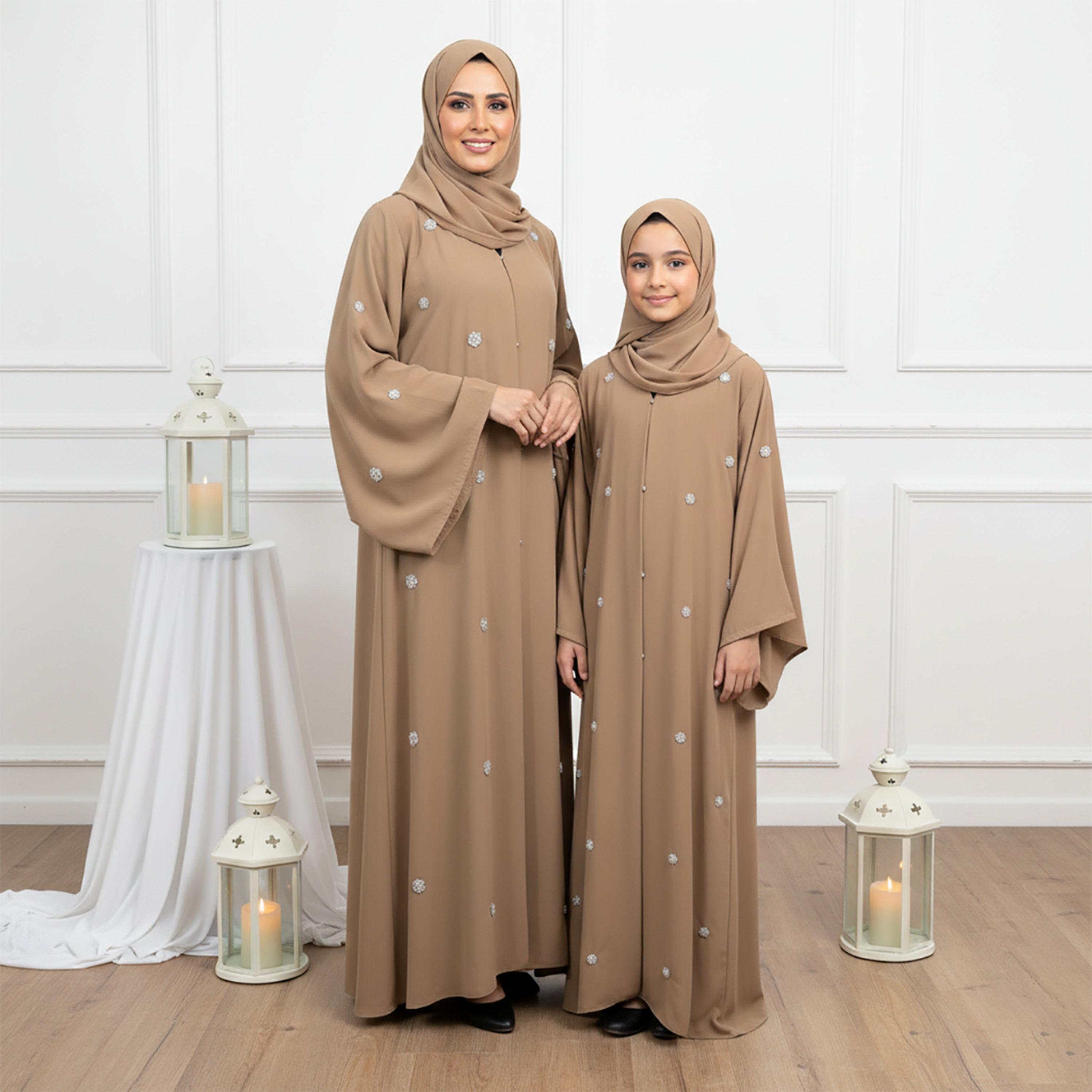 Nukhbaa Brown Beaded Wide Sleeves Chiffon Girls Abaya with Hijab-girls-arabicclothing-abayas-image-2