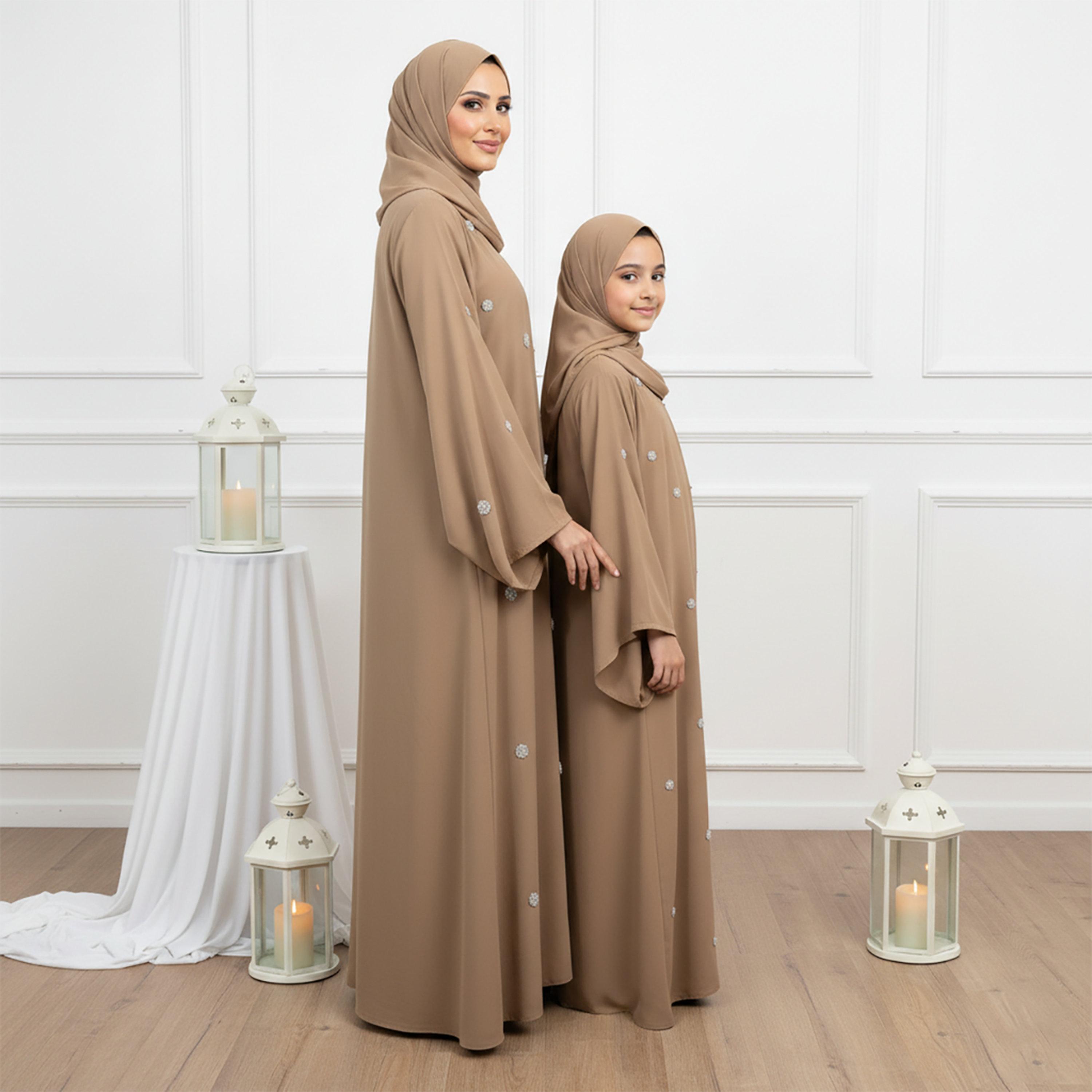 Nukhbaa Brown Beaded Wide Sleeves Chiffon Girls Abaya with Hijab-girls-arabicclothing-abayas-image-3