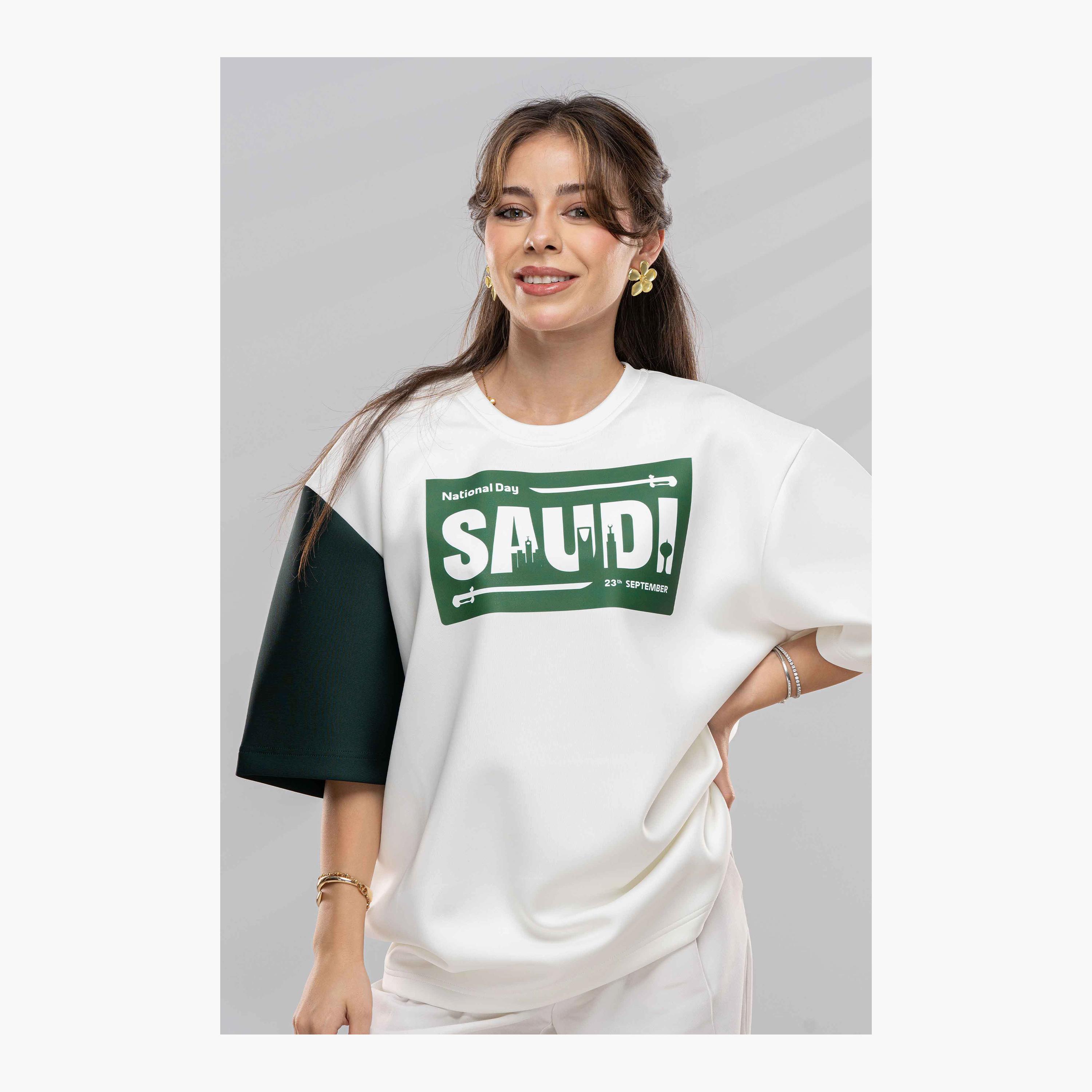 sanefn White and Green KSA National Day Graphic Print Women's T-Shirt-women-clothing-tshirts-image-1