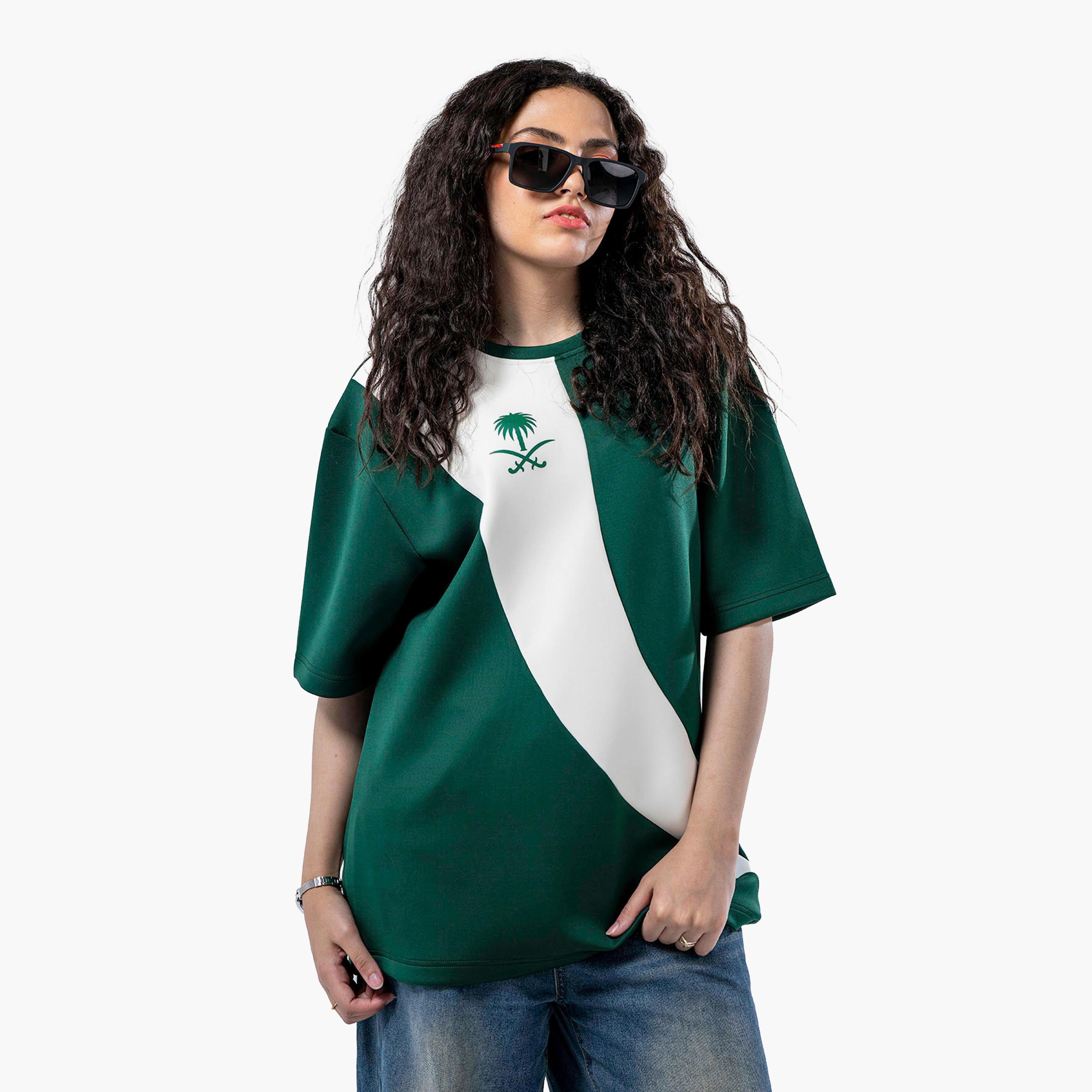 sanefn  Green and White KSA National Day Color-Blocked Women's T-Shirt-women-clothing-tshirts-image-1