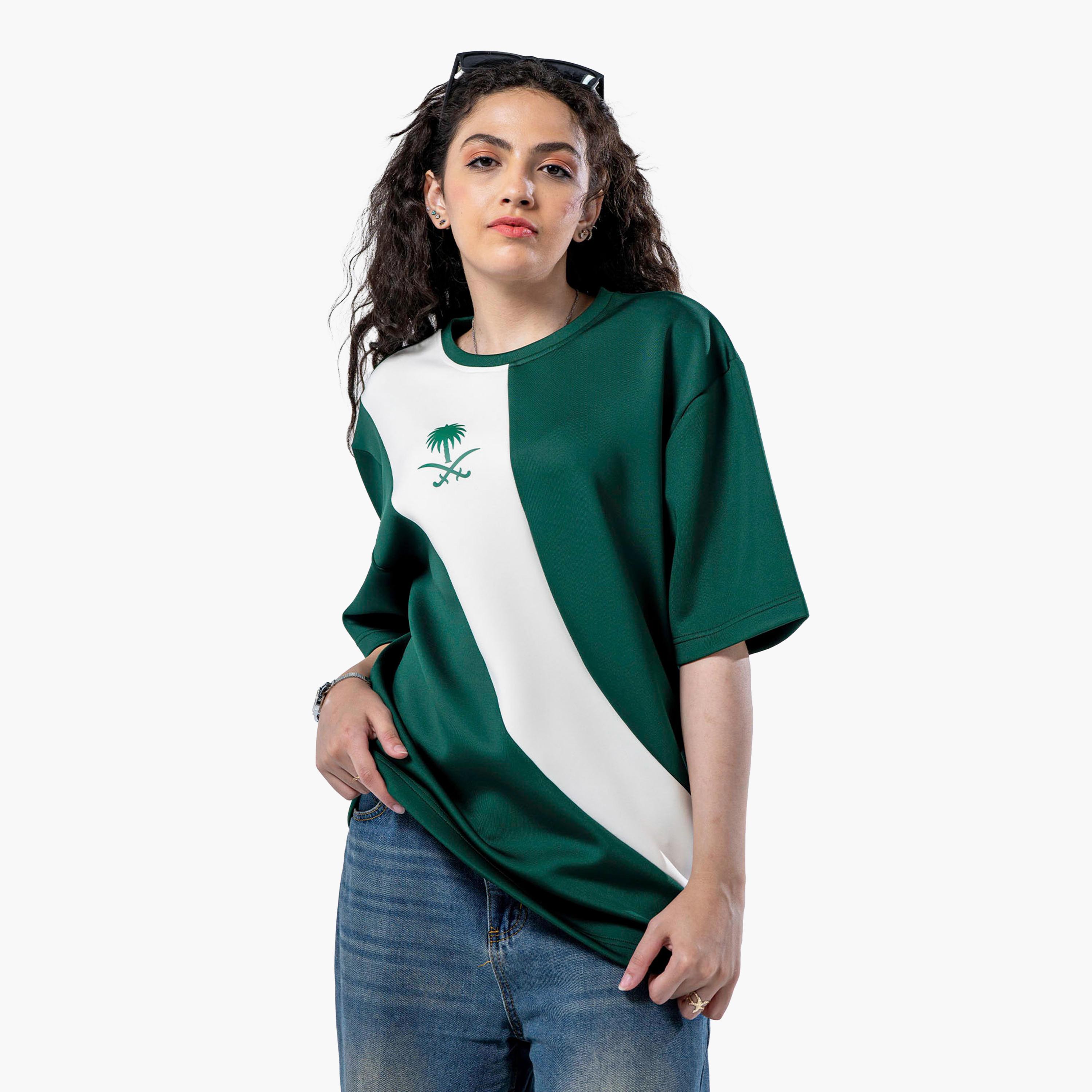sanefn  Green and White KSA National Day Color-Blocked Women's T-Shirt-women-clothing-tshirts-image-2