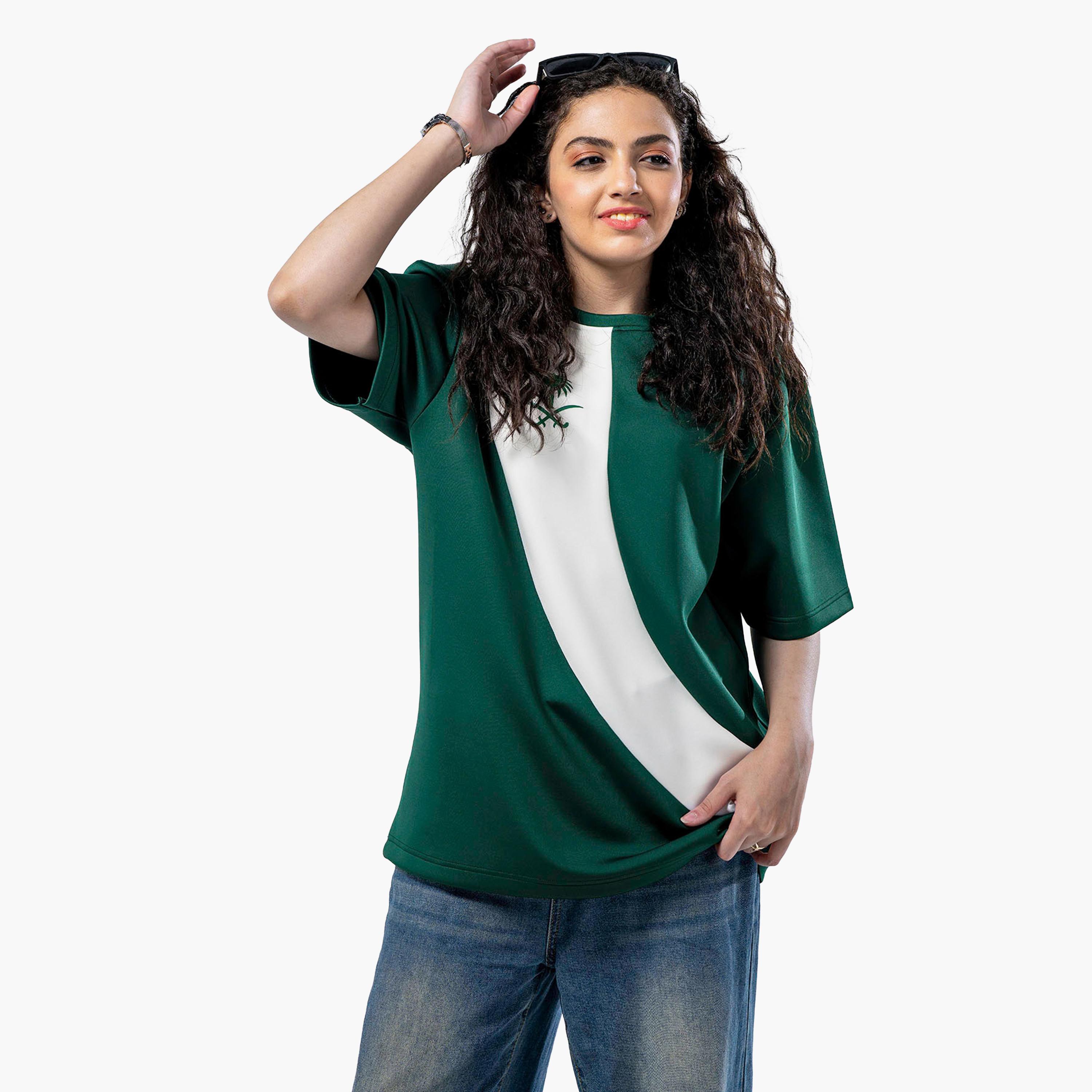 sanefn  Green and White KSA National Day Color-Blocked Women's T-Shirt-women-clothing-tshirts-image-3