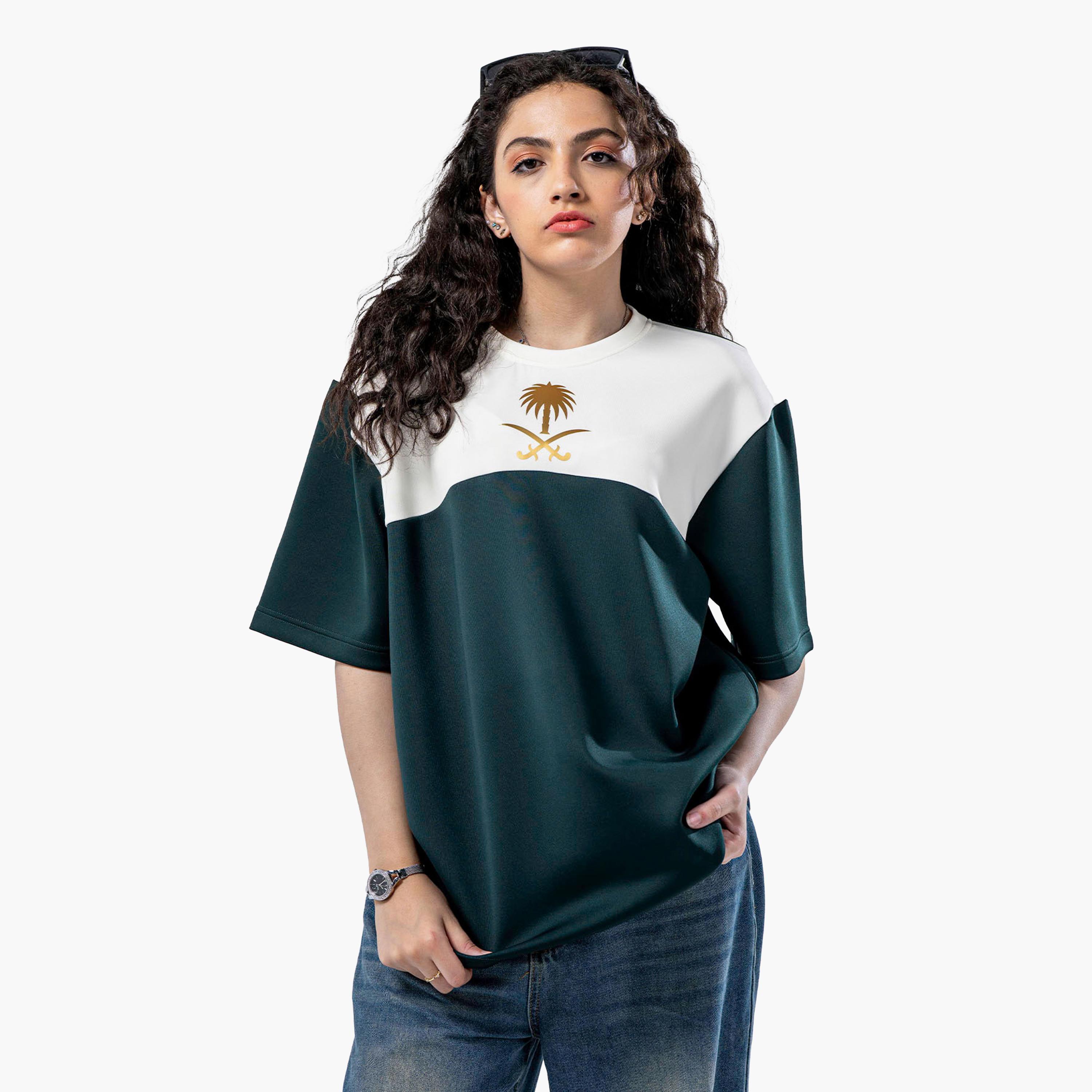 sanefn  Green and White KSA National Day Color-Blocked Women's T-Shirt-women-clothing-tshirts-image-1