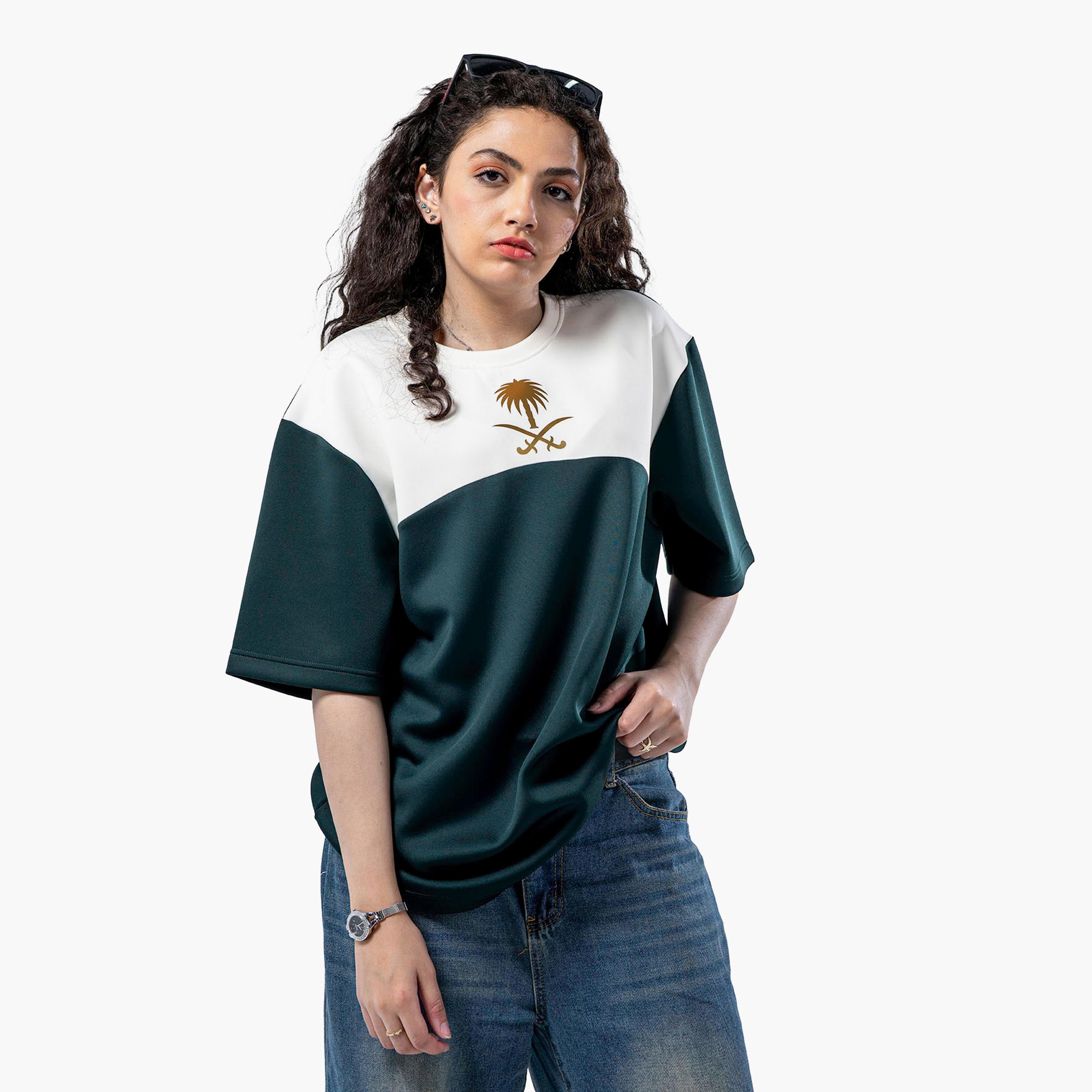 sanefn  Green and White KSA National Day Color-Blocked Women's T-Shirt-women-clothing-tshirts-image-2