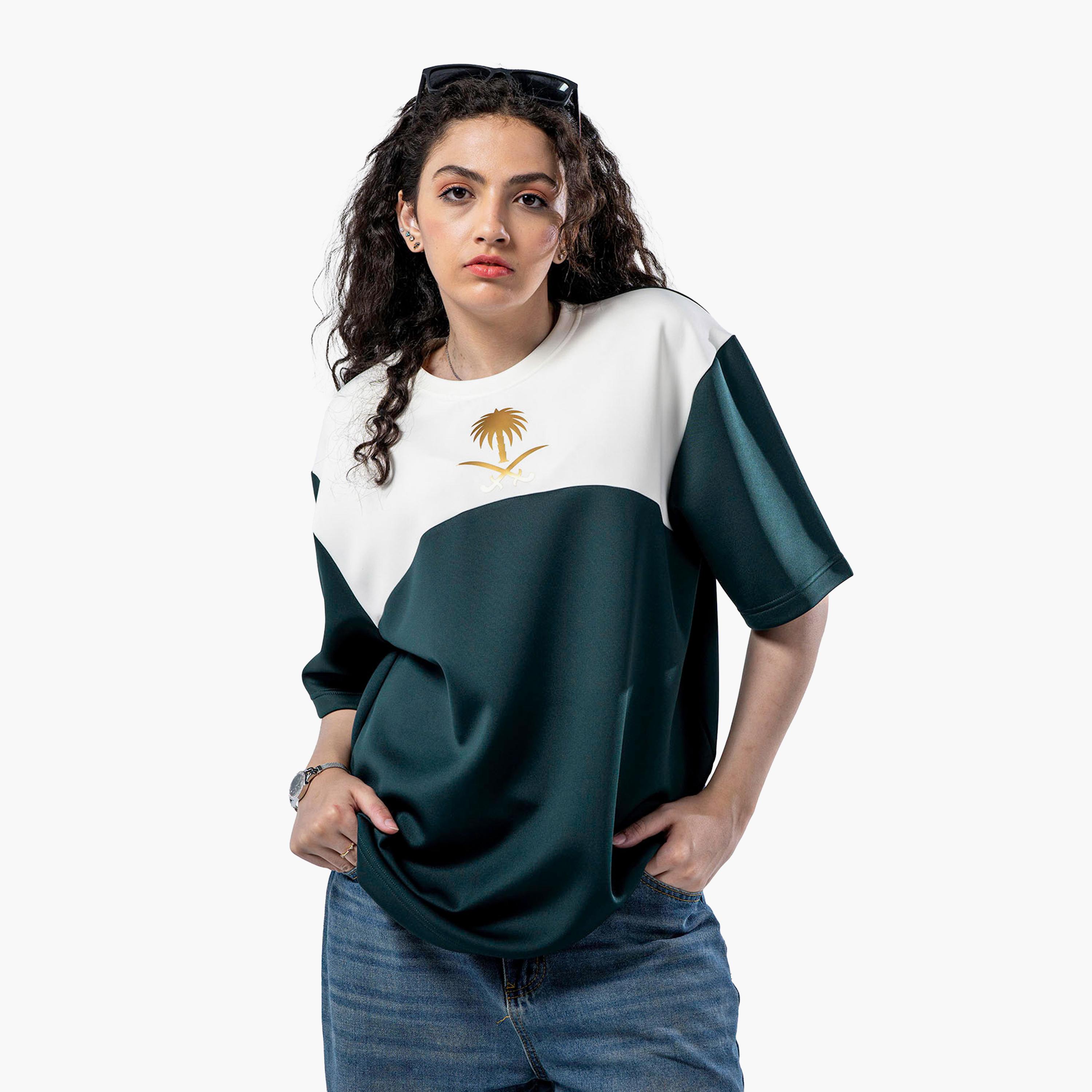 sanefn  Green and White KSA National Day Color-Blocked Women's T-Shirt-women-clothing-tshirts-image-3