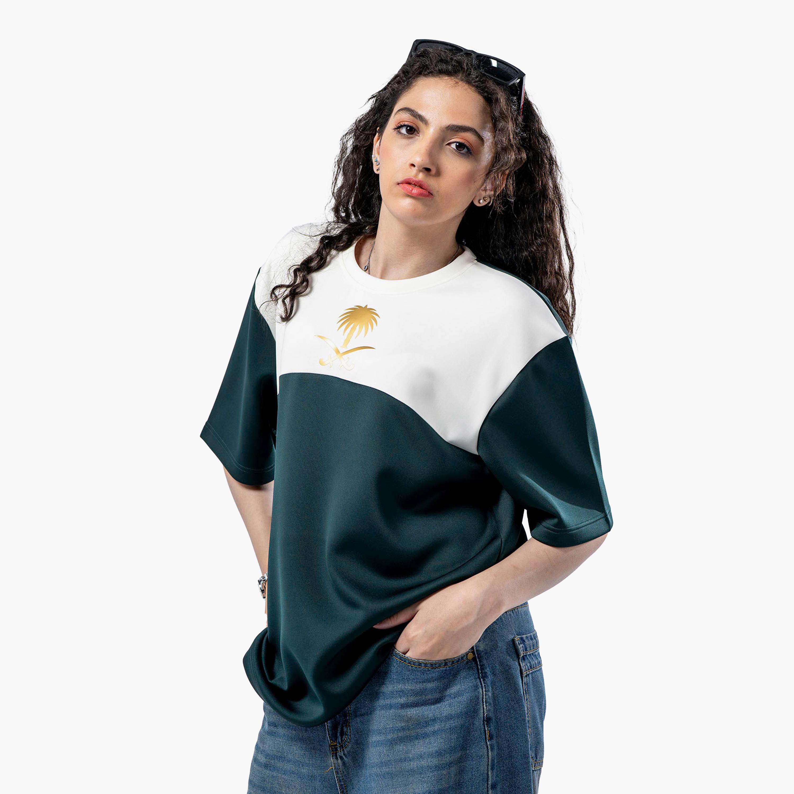 sanefn  Green and White KSA National Day Color-Blocked Women's T-Shirt-women-clothing-tshirts-image-4