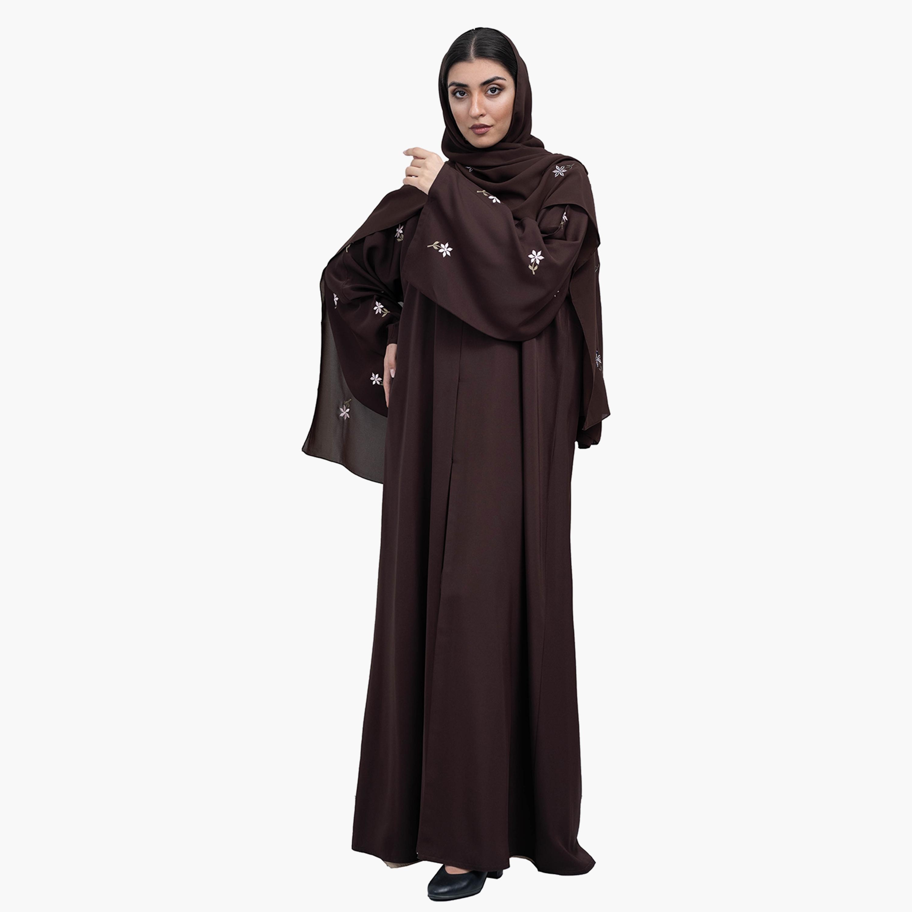 Nukhbaa Sleek Coffee Brown Floral Embroidery Flared Sleeves Crape Nida Party Abaya with Hijab-women-arabicclothing-abayas-image-1