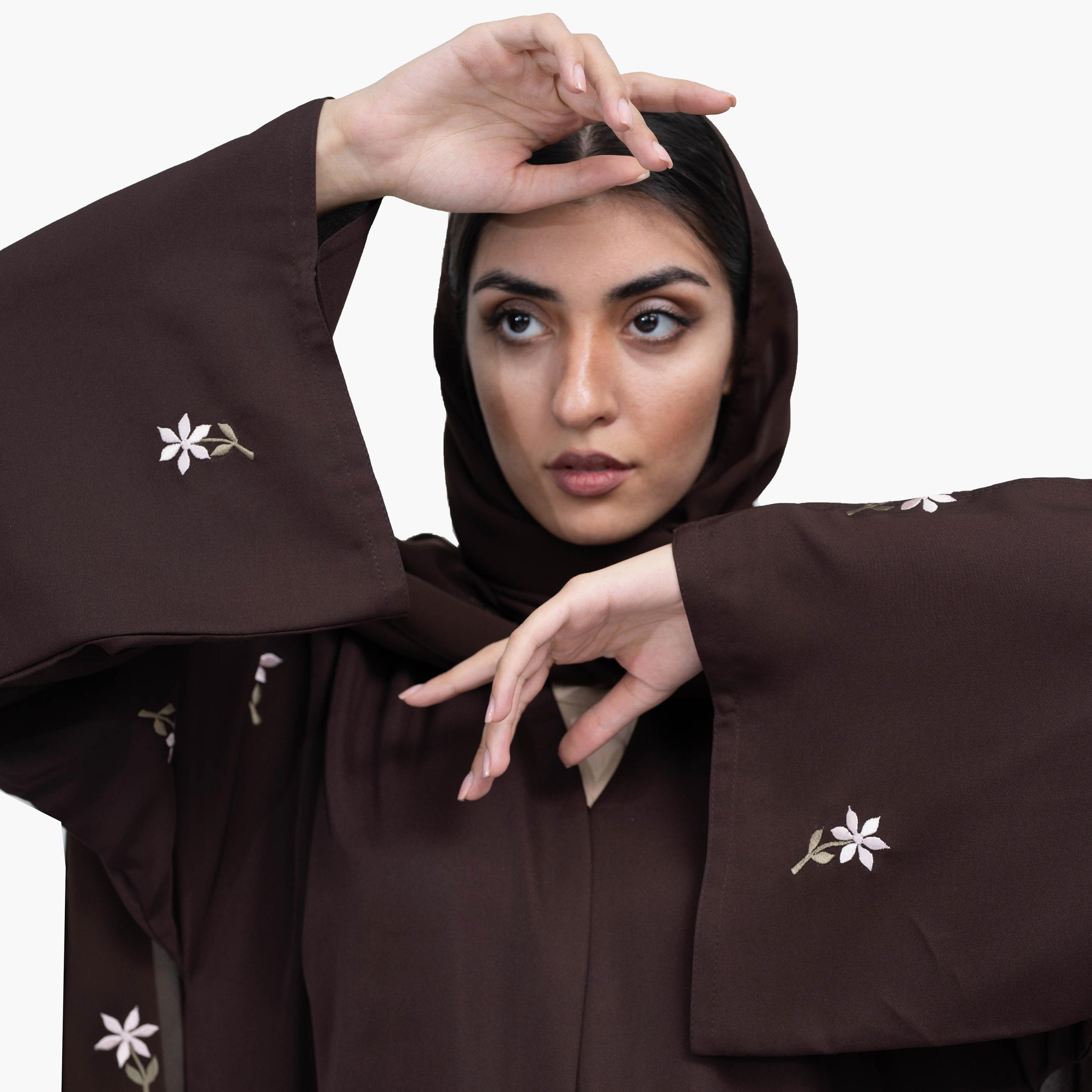 Nukhbaa Sleek Coffee Brown Floral Embroidery Flared Sleeves Crape Nida Party Abaya with Hijab-women-arabicclothing-abayas-image-3