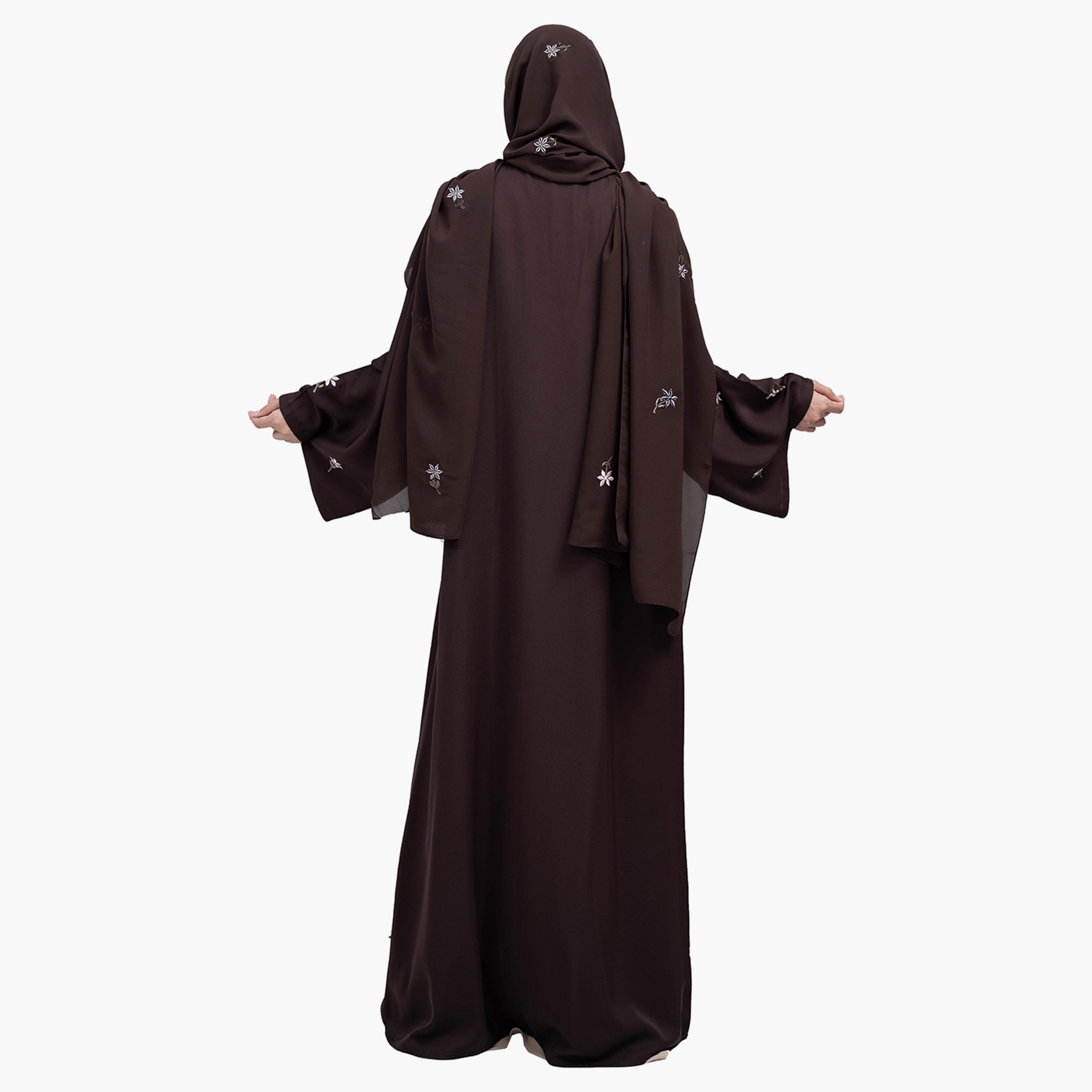 Nukhbaa Sleek Coffee Brown Floral Embroidery Flared Sleeves Crape Nida Party Abaya with Hijab-women-arabicclothing-abayas-image-4