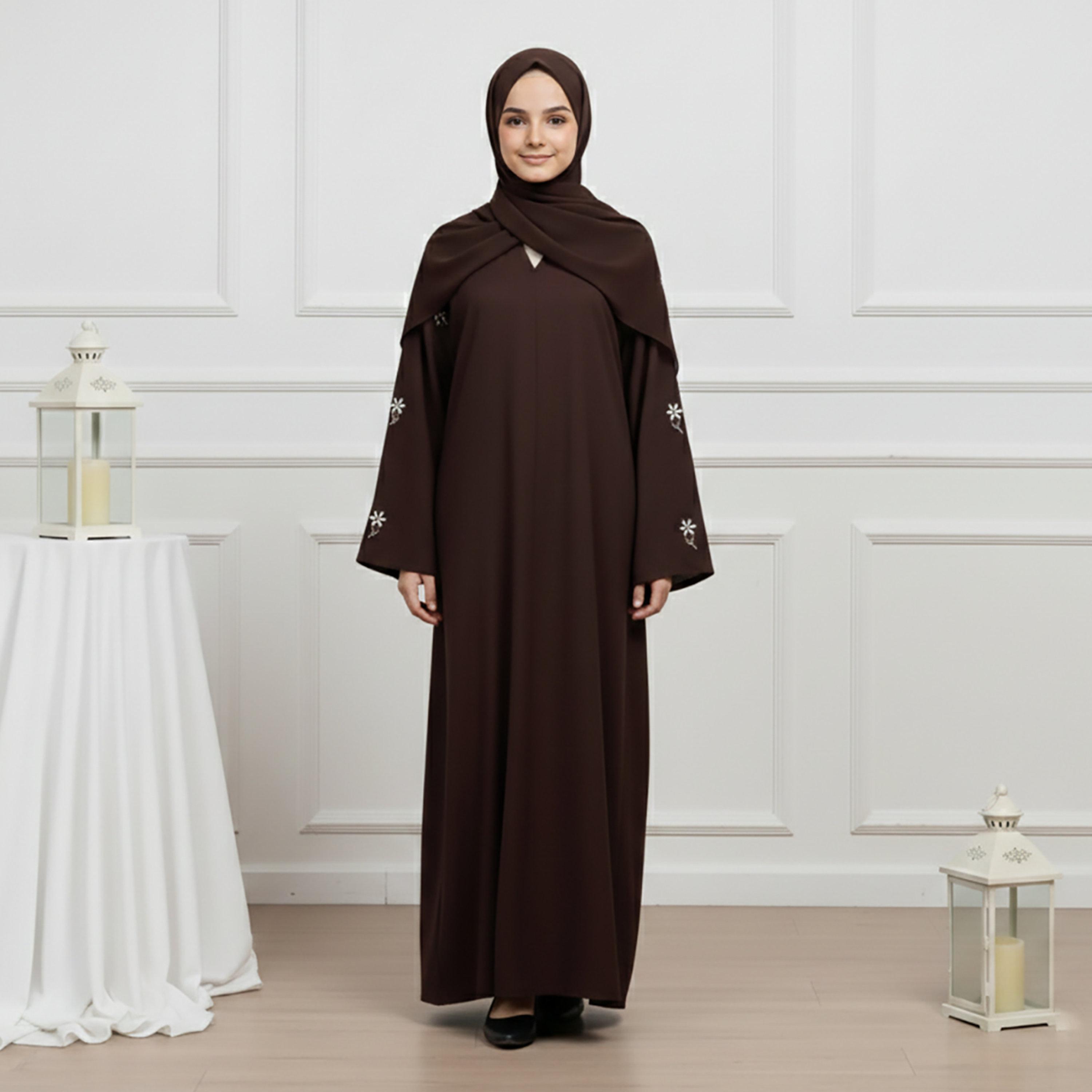 عباية بناتي قماش "ندى" بأكمام "فليرد" مع حجاب - أسود من نخبة-girls-arabicclothing-abayas-image-1