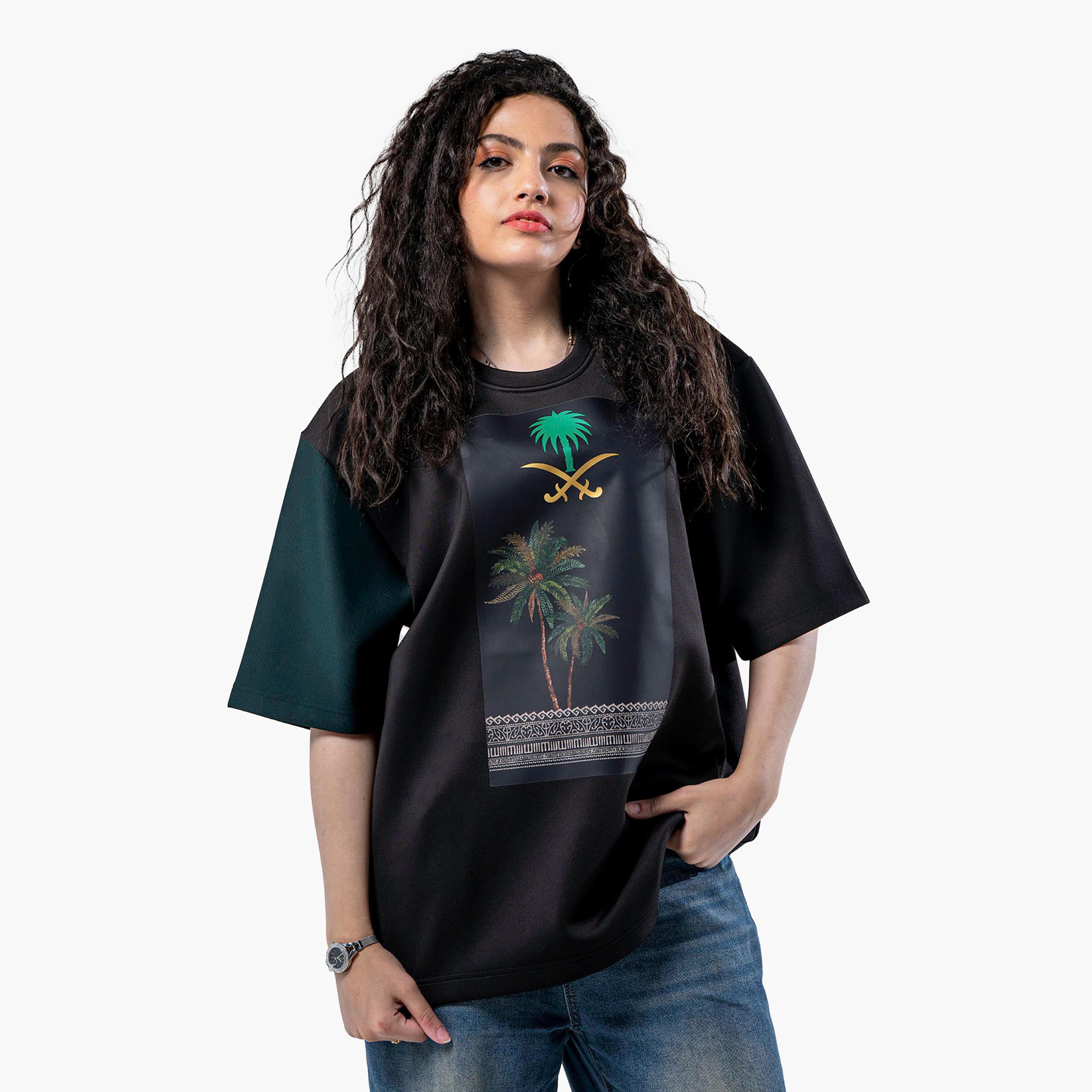 sanefn Black and Green KSA National Day Graphic Print Women's T-Shirt-women-clothing-tshirts-image-2