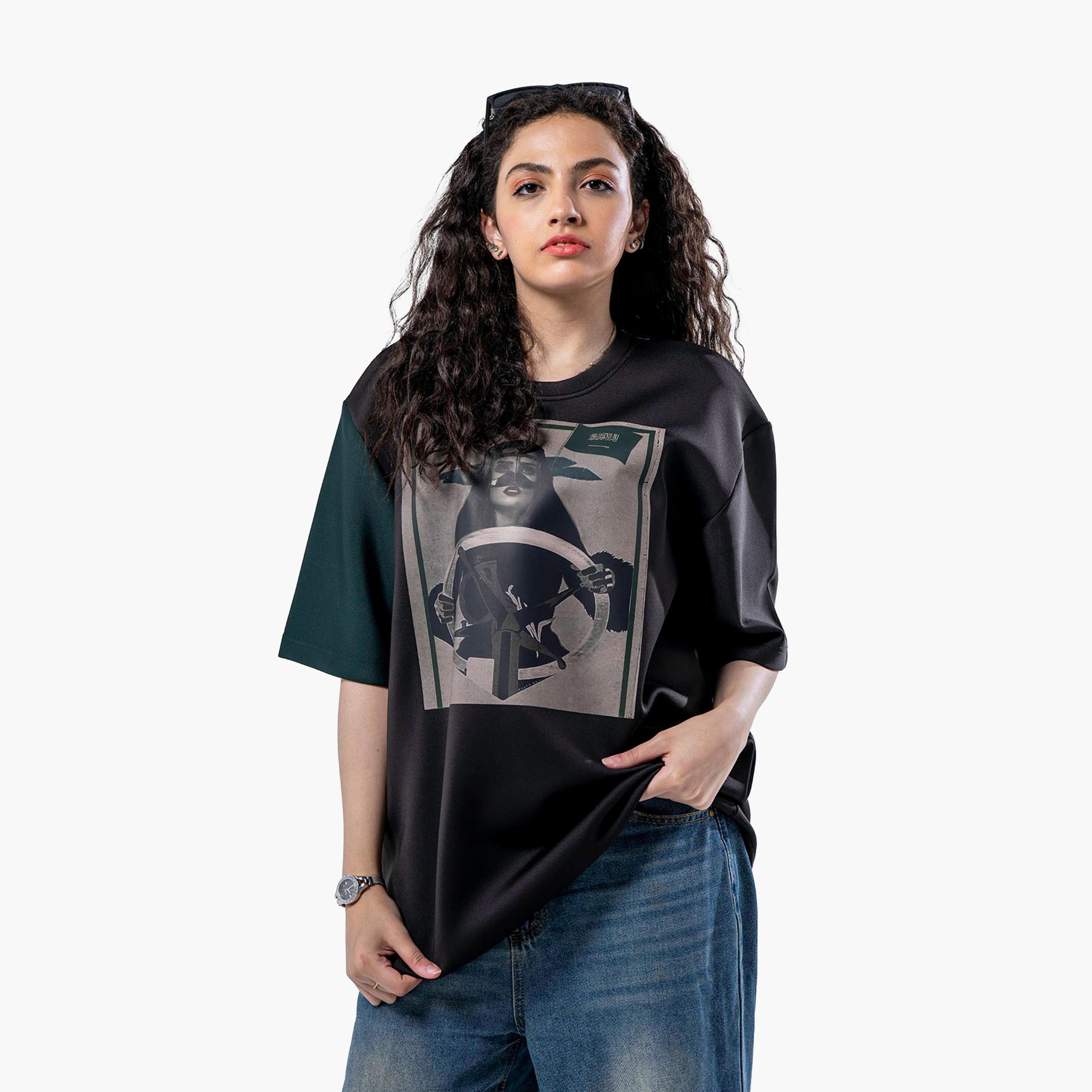 sanefn Black and Green KSA National Day Graphic Print Women's T-Shirt-women-clothing-tshirts-image-1