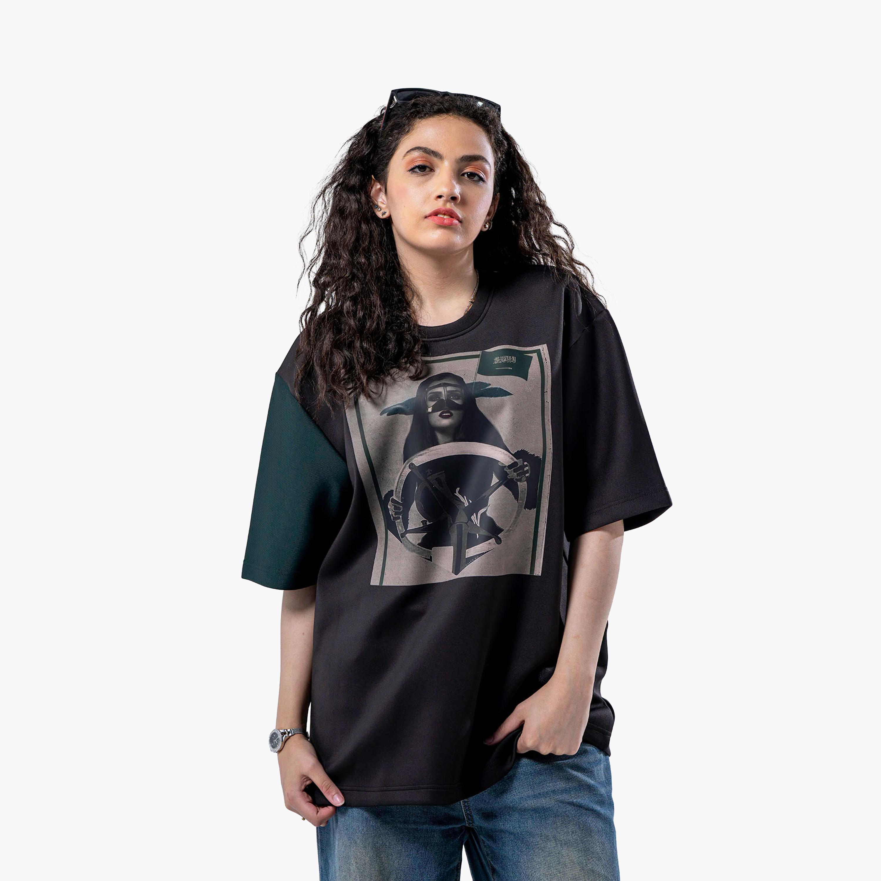 sanefn Black and Green KSA National Day Graphic Print Women's T-Shirt-women-clothing-tshirts-image-2