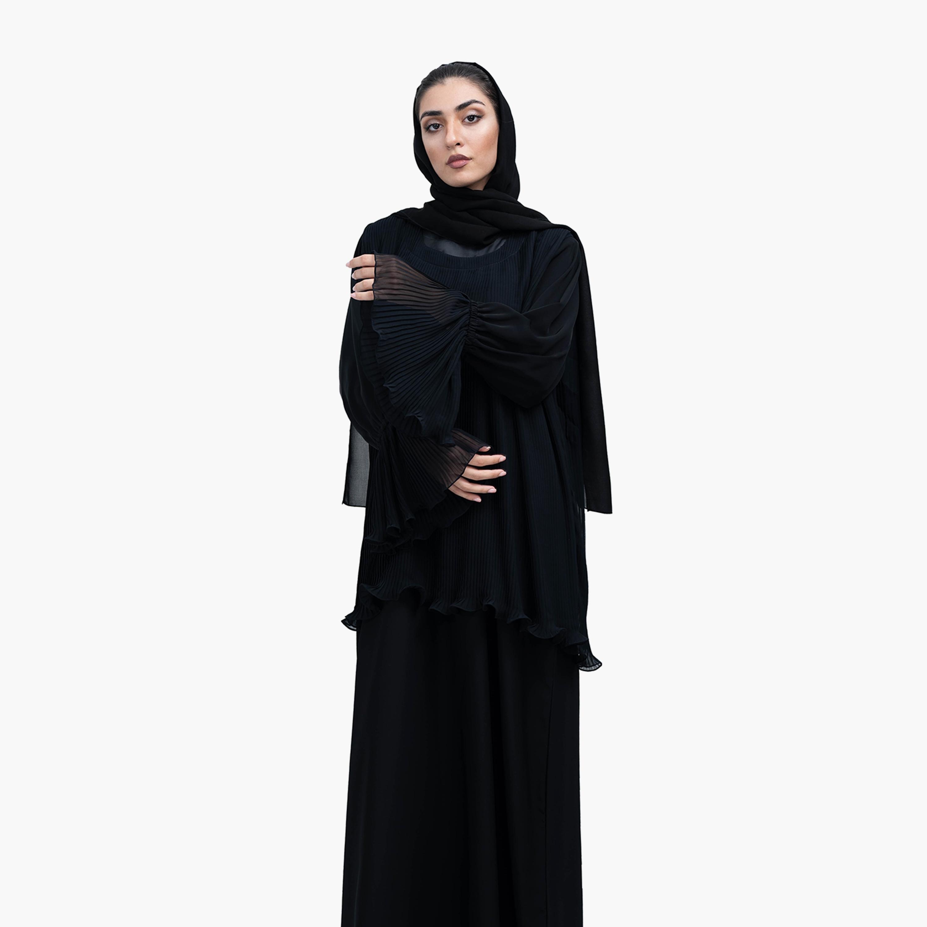 Nukhbaa 2-Piece Classy Black Pleated Frill Bell Sleeves Crape Nida Party Top and Skirt with Hijab-women-arabicclothing-sets-image-1
