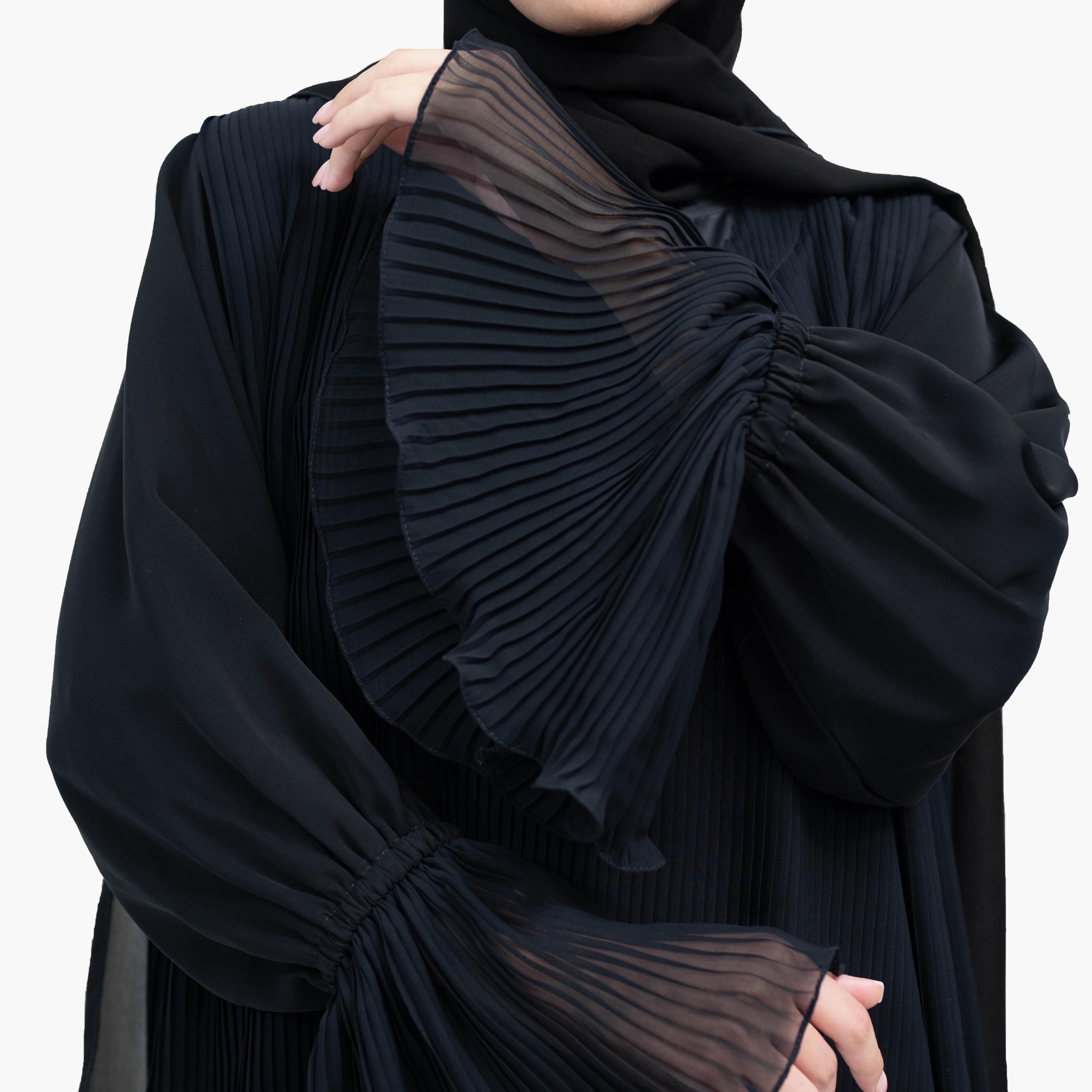Nukhbaa 2-Piece Classy Black Pleated Frill Bell Sleeves Crape Nida Party Top and Skirt with Hijab-women-arabicclothing-sets-image-2