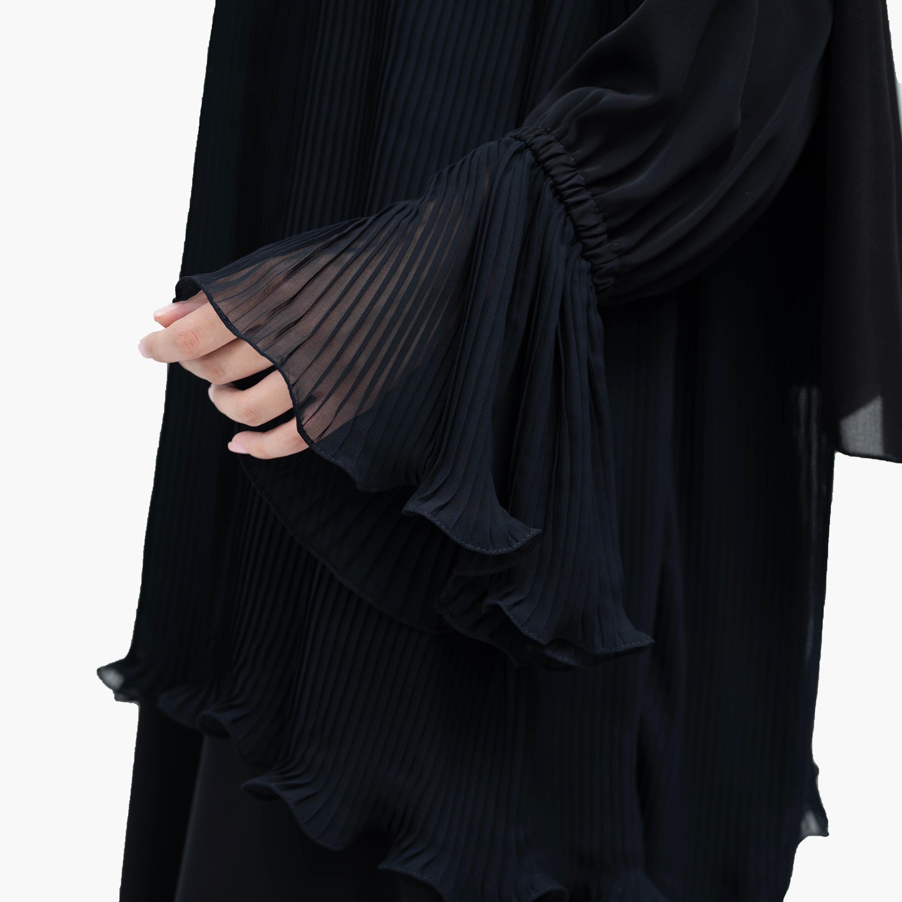 Nukhbaa 2-Piece Classy Black Pleated Frill Bell Sleeves Crape Nida Party Top and Skirt with Hijab-women-arabicclothing-sets-image-3