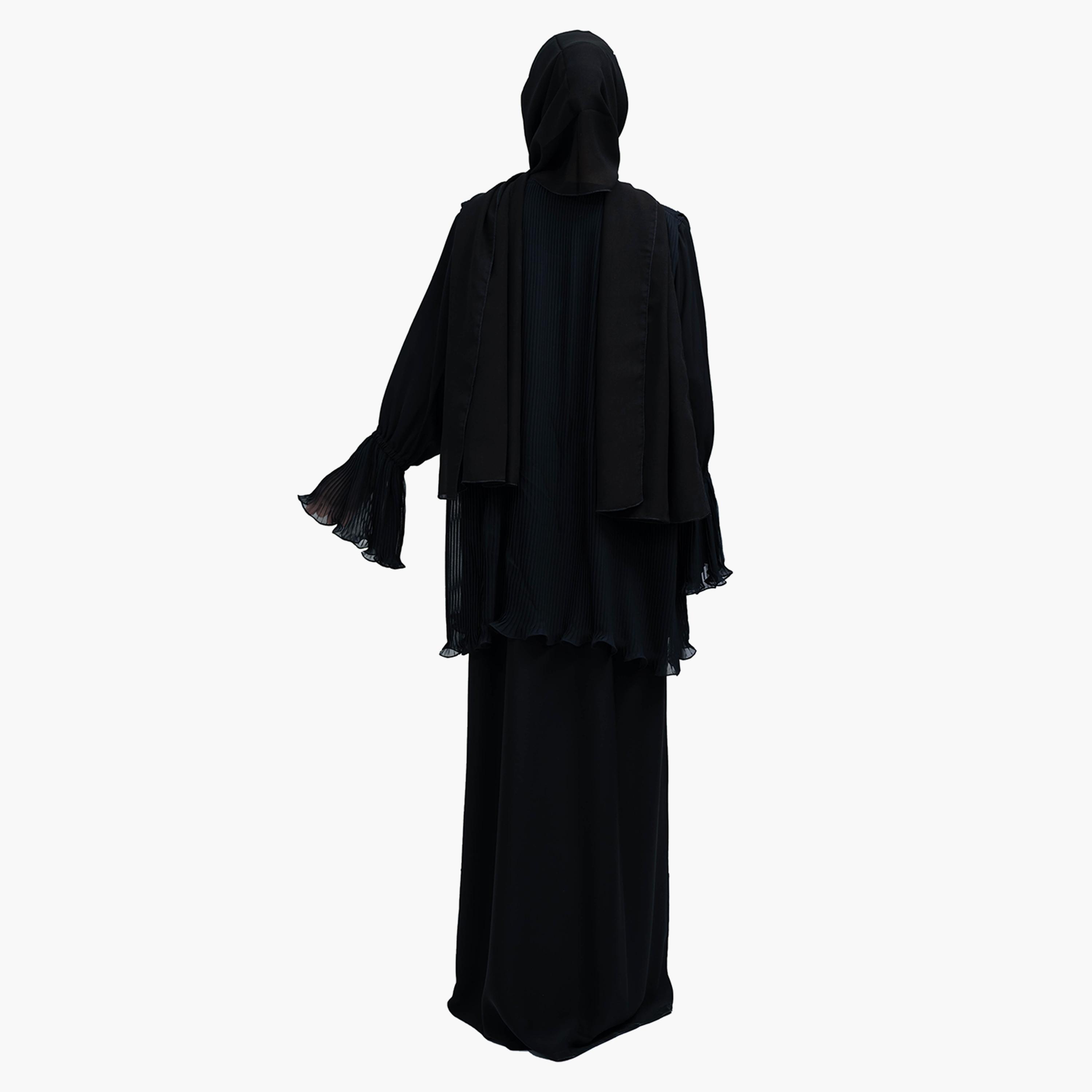 Nukhbaa 2-Piece Classy Black Pleated Frill Bell Sleeves Crape Nida Party Top and Skirt with Hijab-women-arabicclothing-sets-image-4